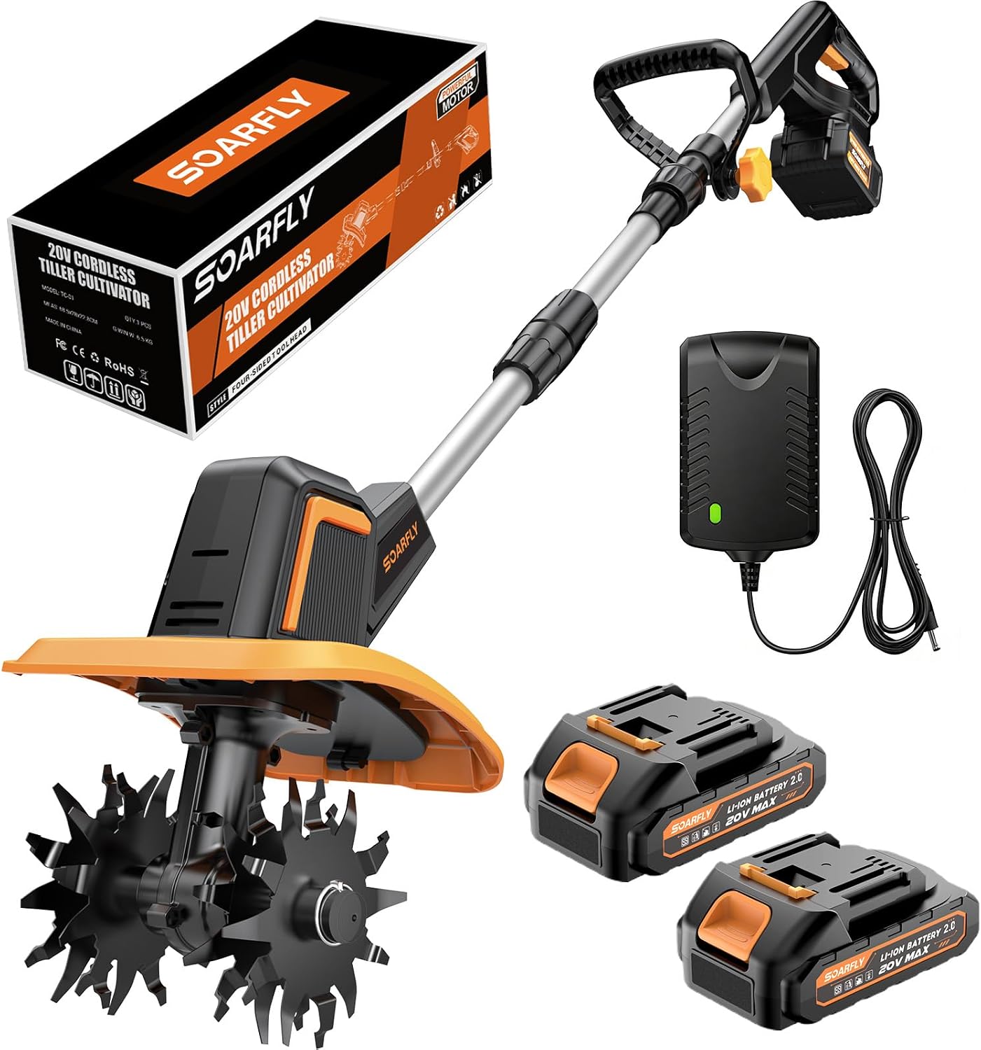 Upgraded Cordless Tiller for Gardening with Dual 2.0Ah Batteries, 48 Steel Tines Battery Rototiller, 9" Width 6.6"