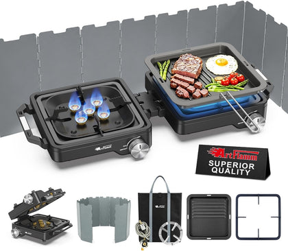 29000 BTU 2 Burner Camping Stove with Windshield, Propane Camp Stove, Portable Folding Gas Stove, Camping Essentials