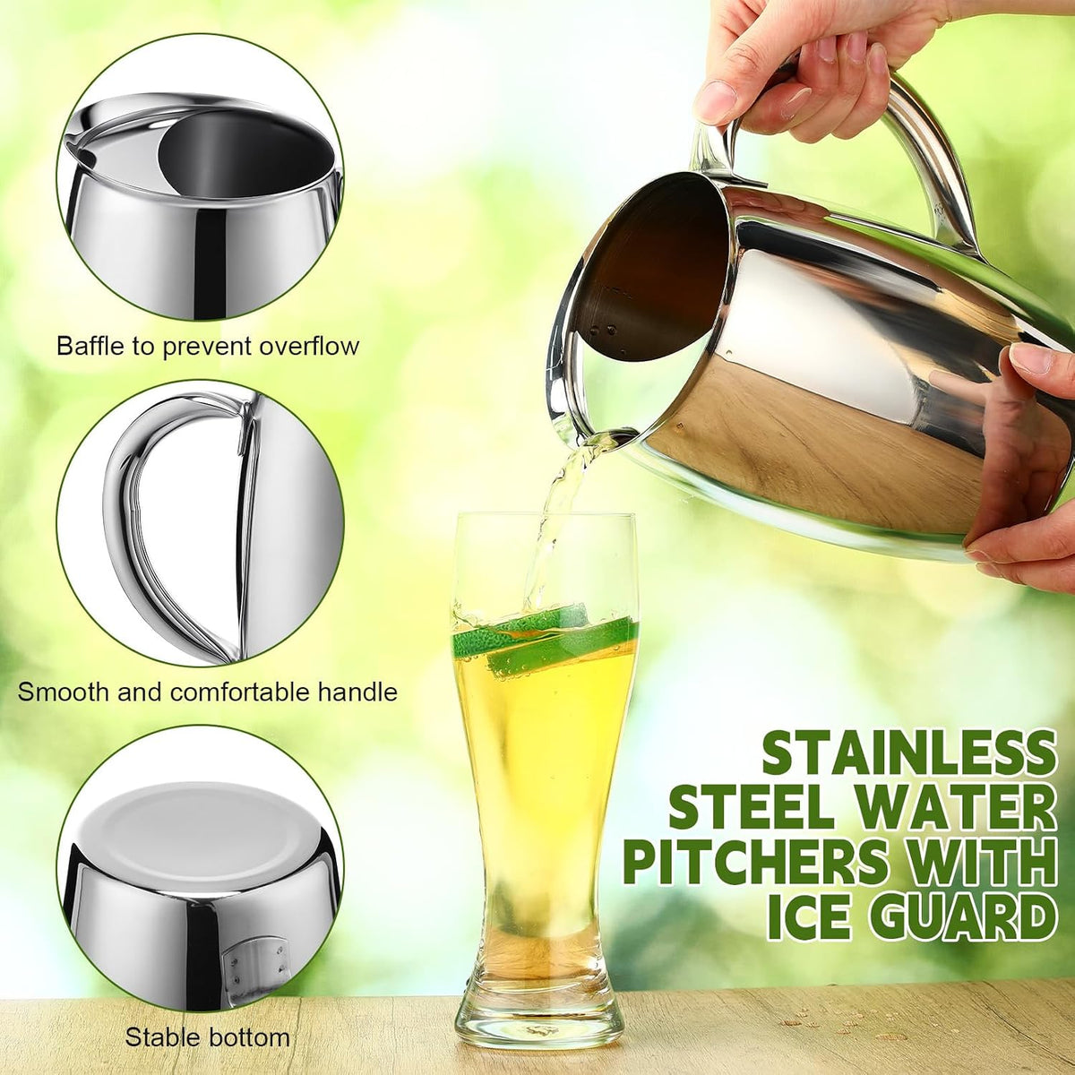 6 Pcs 2 L Stainless Steel Water Pitchers with Ice Guard