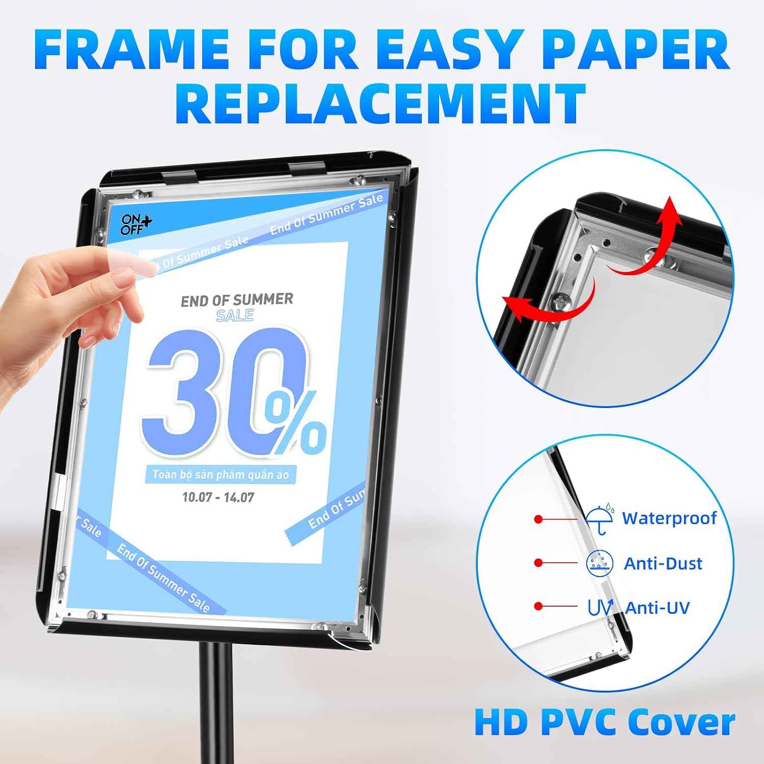 Adjustable Sign Holder Floor Stand, 8.5x11 Inch Poster Display With Heavy Duty Pedestal Aluminum Snap Open Frame for