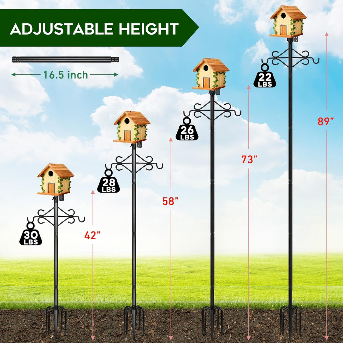 89’’ Smart Bird Feeder Pole Heavy Duty, 5-Prong Base & Double Hooks