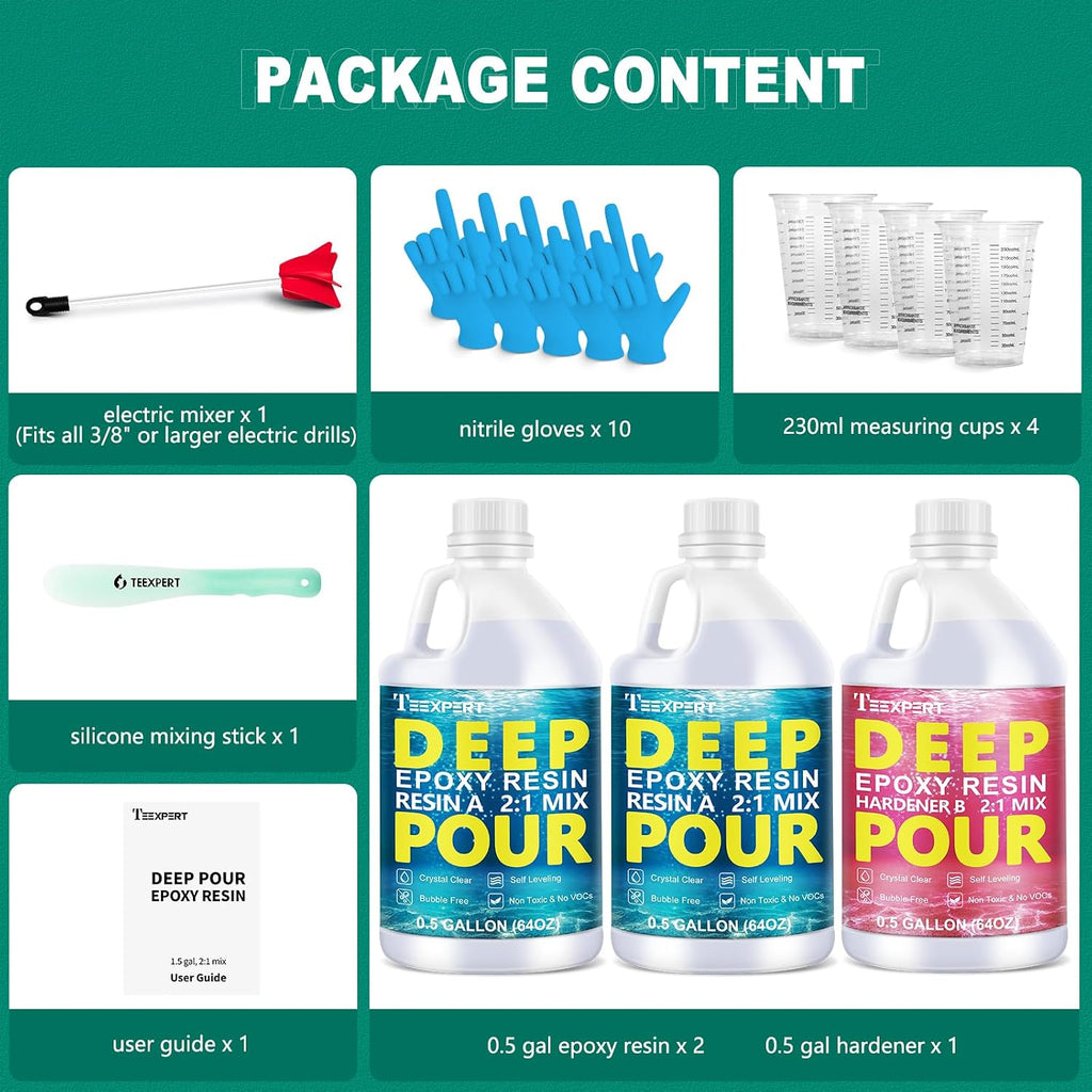 Deep Pour Epoxy Resin, 1.5 Gallon Epoxy Resin Kit for 2-4" Pour Depths, Crystal Clear & High Gloss, Bubble-Free