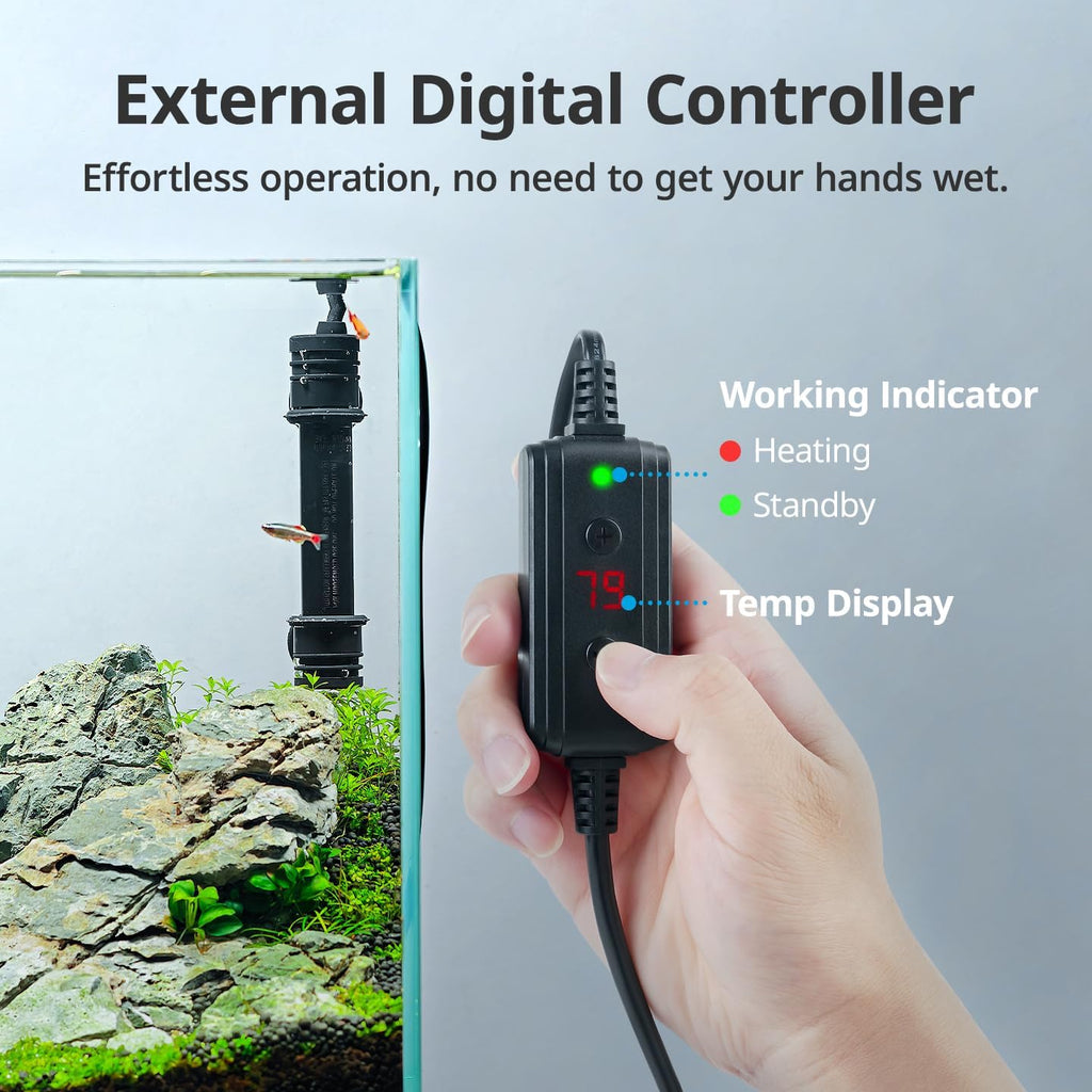 50W Aquarium Heater with Temp Controller for 5-10 Gallon Tanks | Dual Temp Sensors, Accurate Heat Control, Overheat