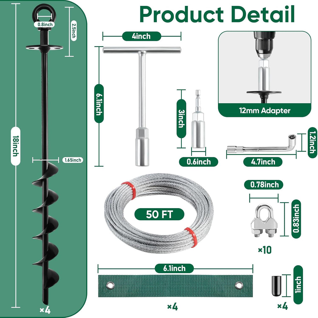 18'' Ground Anchors Screw in Heavy Duty, Shed Anchor Kit with Straps & Steel Cable & Tools, Earth Anchors for Mobile