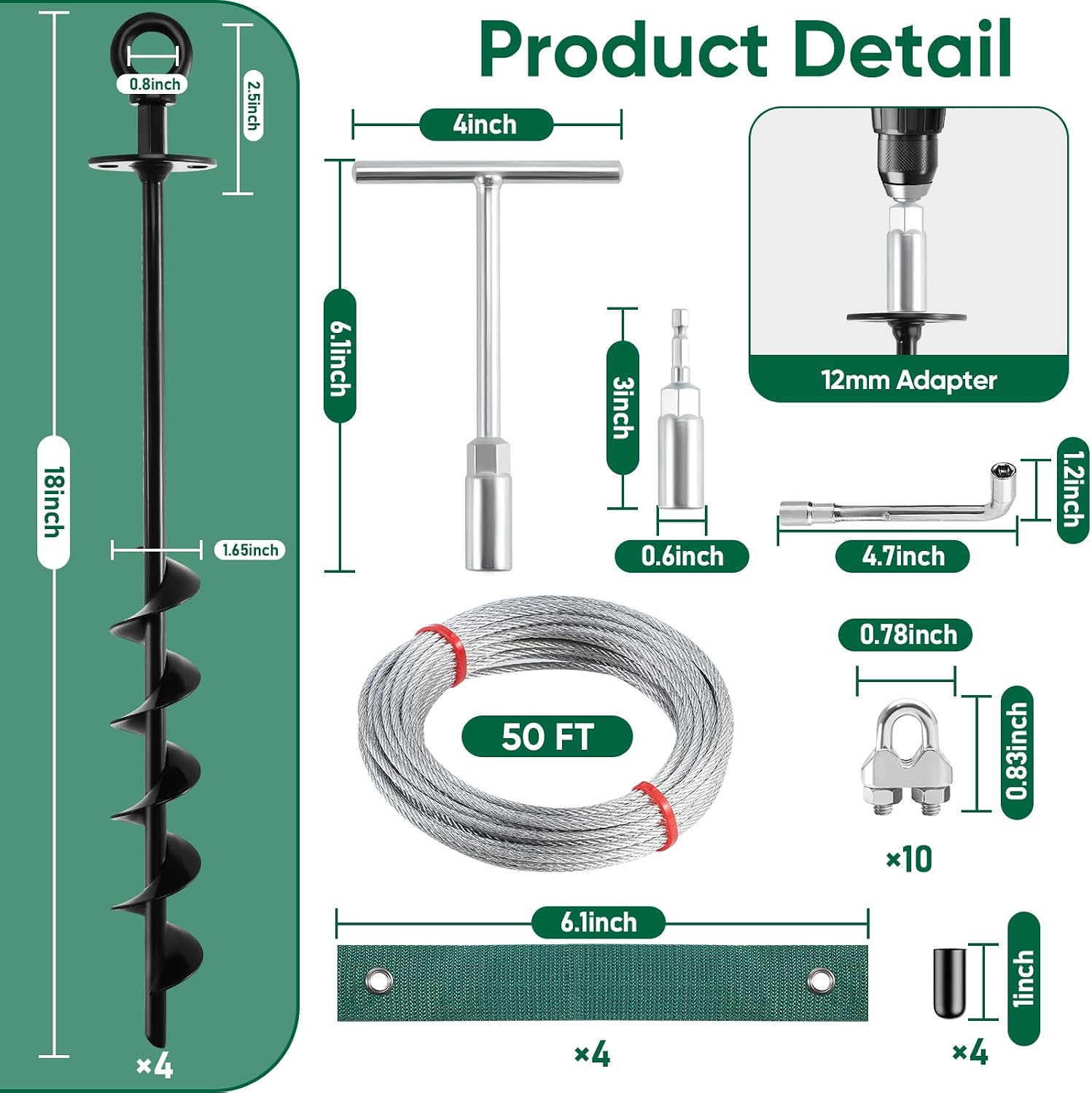 18'' Ground Anchors Screw in Heavy Duty, Shed Anchor Kit with Straps & Steel Cable & Tools, Earth Anchors for Mobile