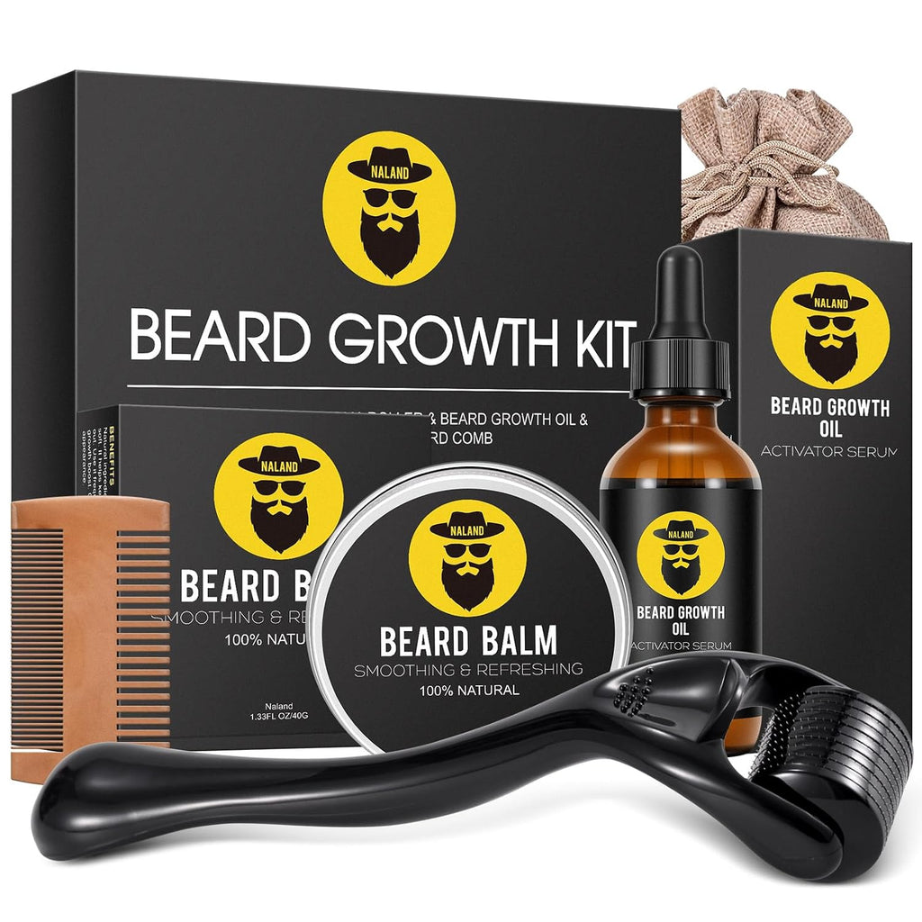 Beard Growth Kit - Beard Kit for Men with Beard Growth Oil (2oz), Beard Balm, Beard Comb, Massager for Spot/Patchy