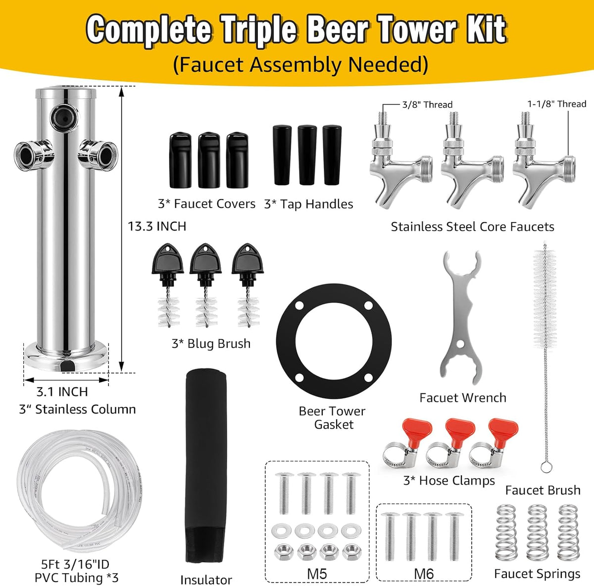 3 Tap Beer Tower, Self-Closing Draft Beer Tap Tower Dispenser Kit