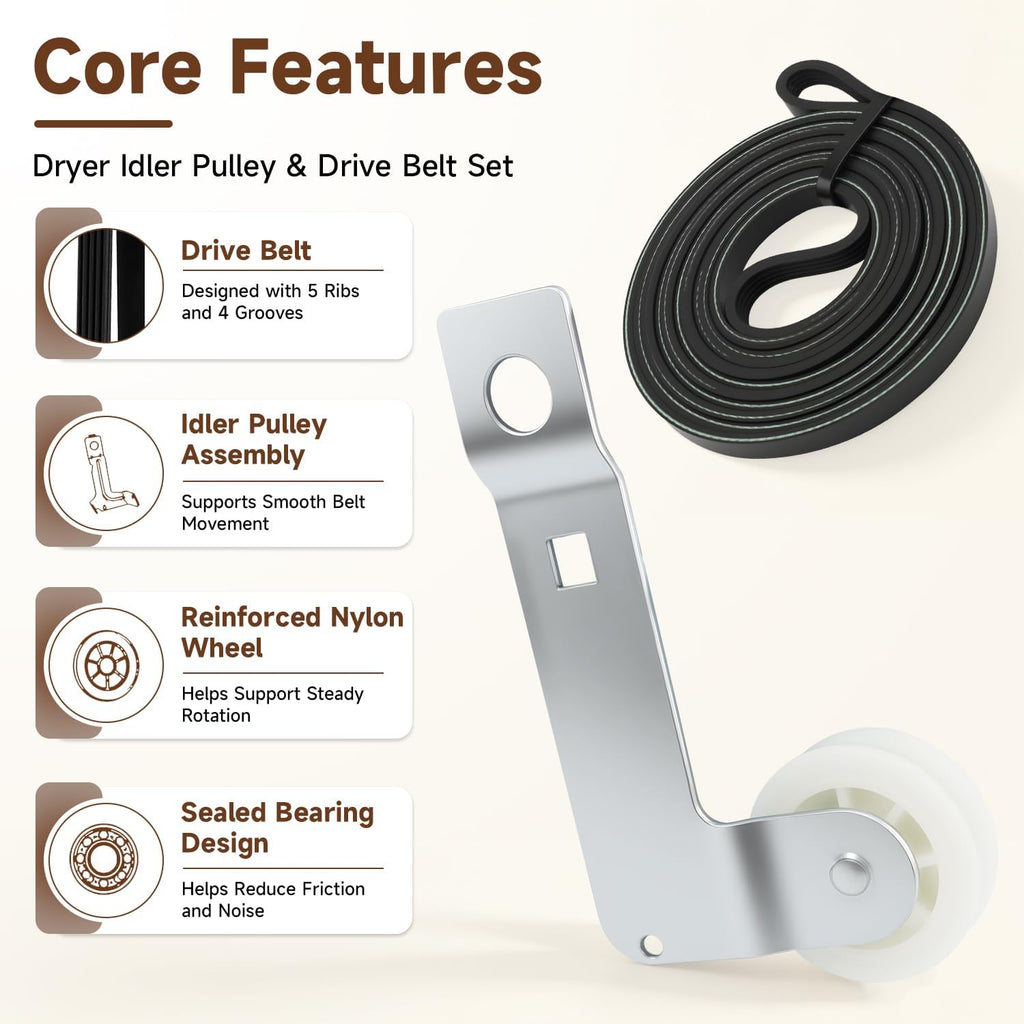 Dryer Repair Kit Includes Drum Belt and Idler Pulley Compatible with Maytag Whirlpool Amana MED5500FC0 MED7000XW3 MED7000XG2 MEDC300BW0 Replace#: WPW10112954 W10837240