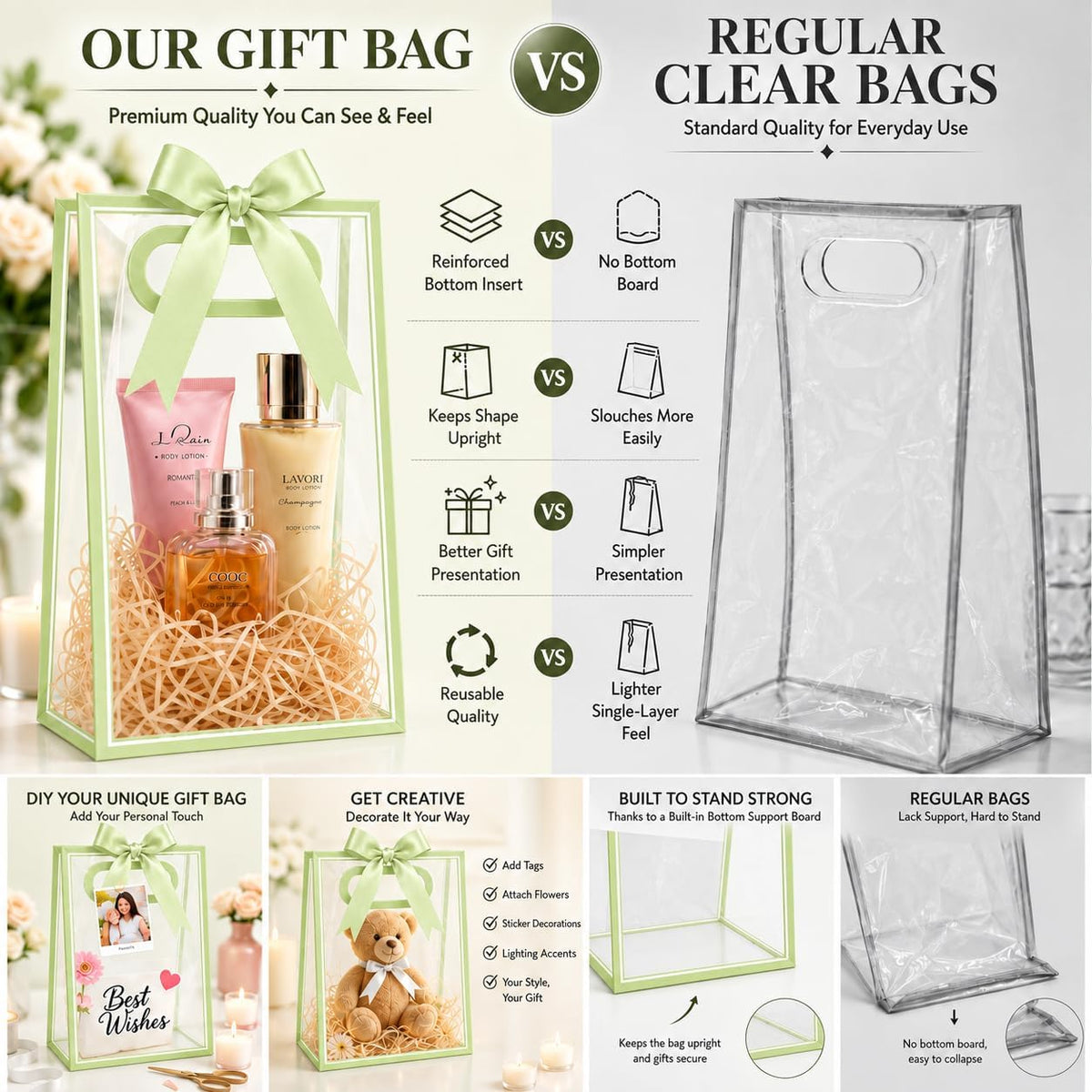 12 Pack Clear Gift Bags with Handles, Sage Green