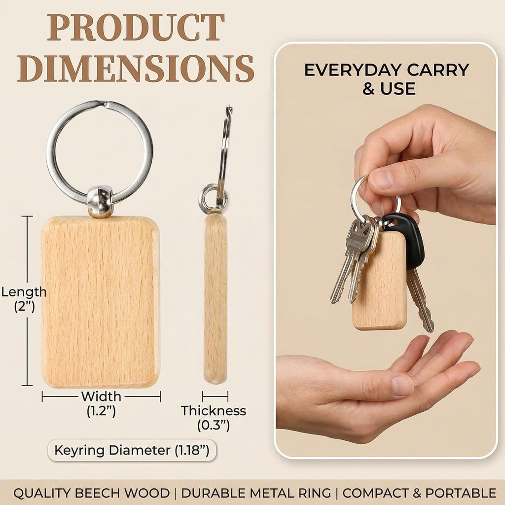 50 Pieces Wood Keychain Blank, Rectangular | Unfinished Laser Engraving Blanks with Key Rings, Keychain Ring Tag Wood