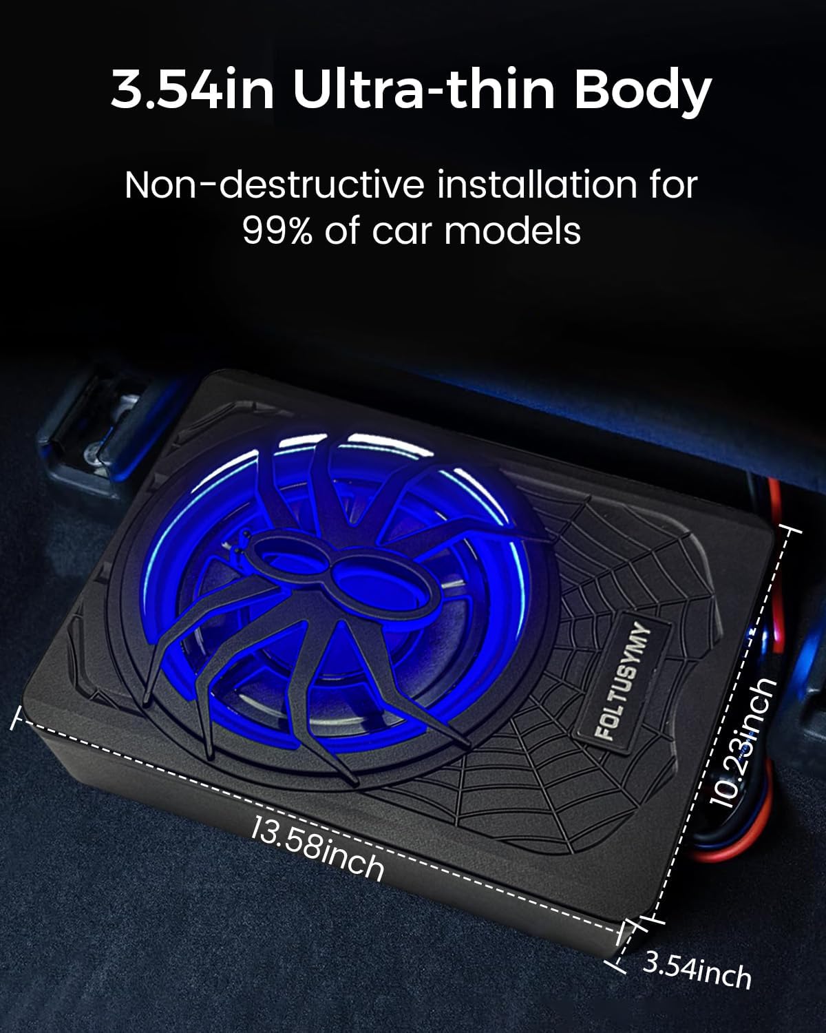 1200W 10" Slim Under Seat Powered Car Subwoofer, High/Low Level Input, Car/Truck Audio Sub Built-in Amplifier amp