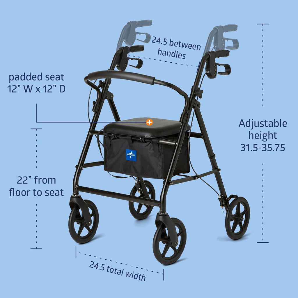 Aluminum Rollator Walker, Burgundy, 300 lb. Weight Capacity, 8” Wheels, Adjustable Height Handle, Padded Seat &