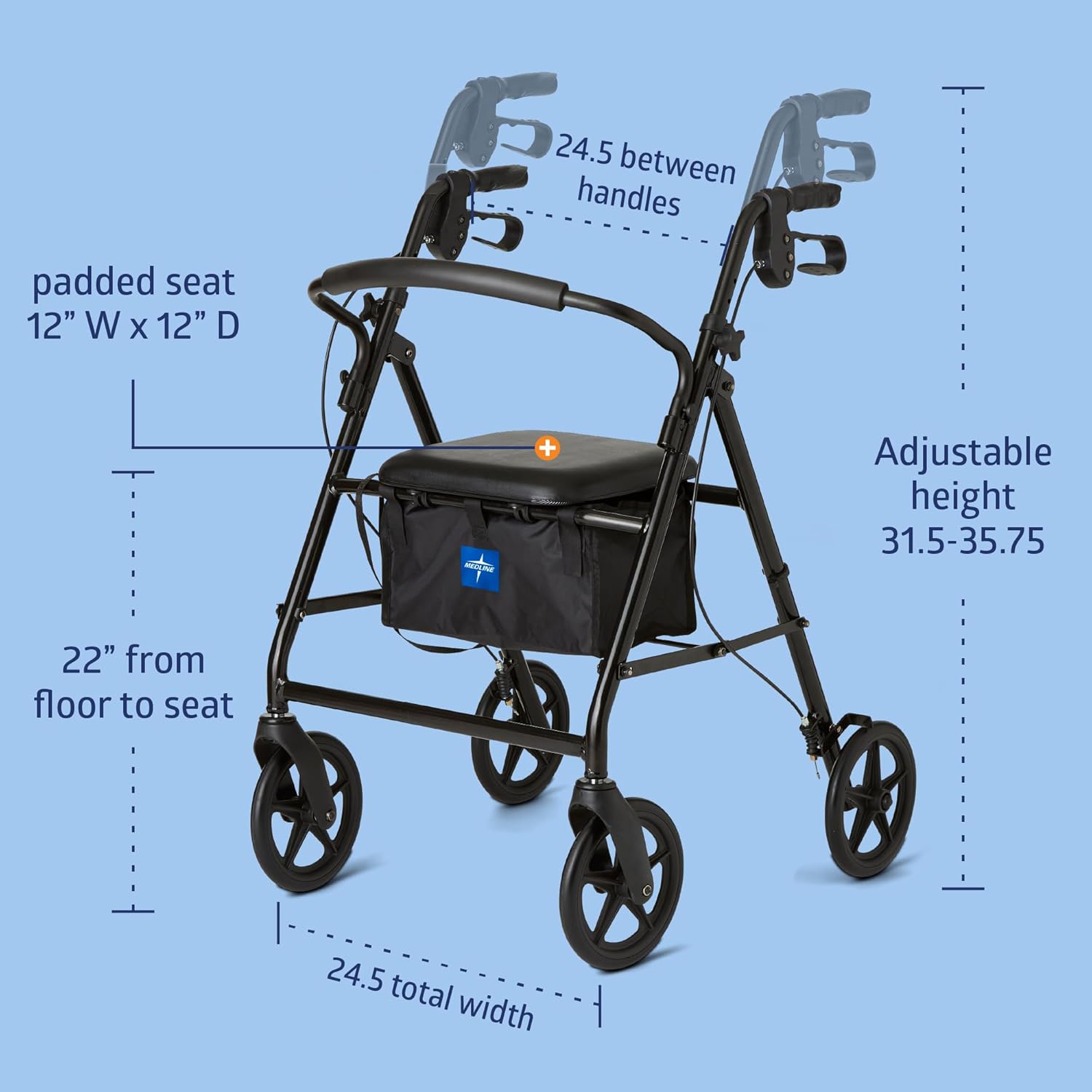 Aluminum Rollator Walker, Burgundy, 300 lb. Weight Capacity, 8” Wheels, Adjustable Height Handle, Padded Seat &