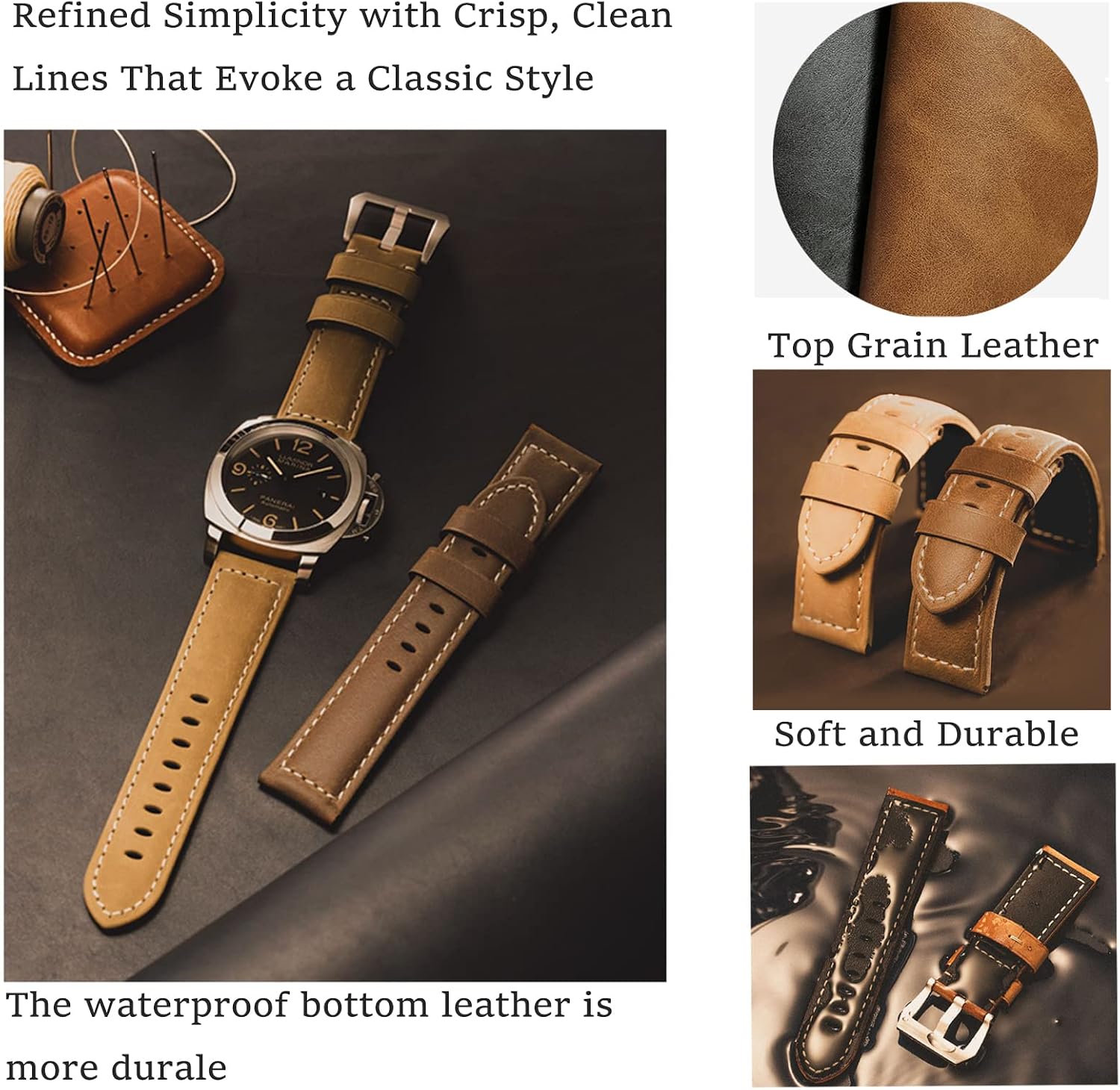 Vintage Leather Watch Bands for Men - Top Grain Leather Compatible with Panerai Watch Band - 20mm, 22mm, 24mm, 26mm