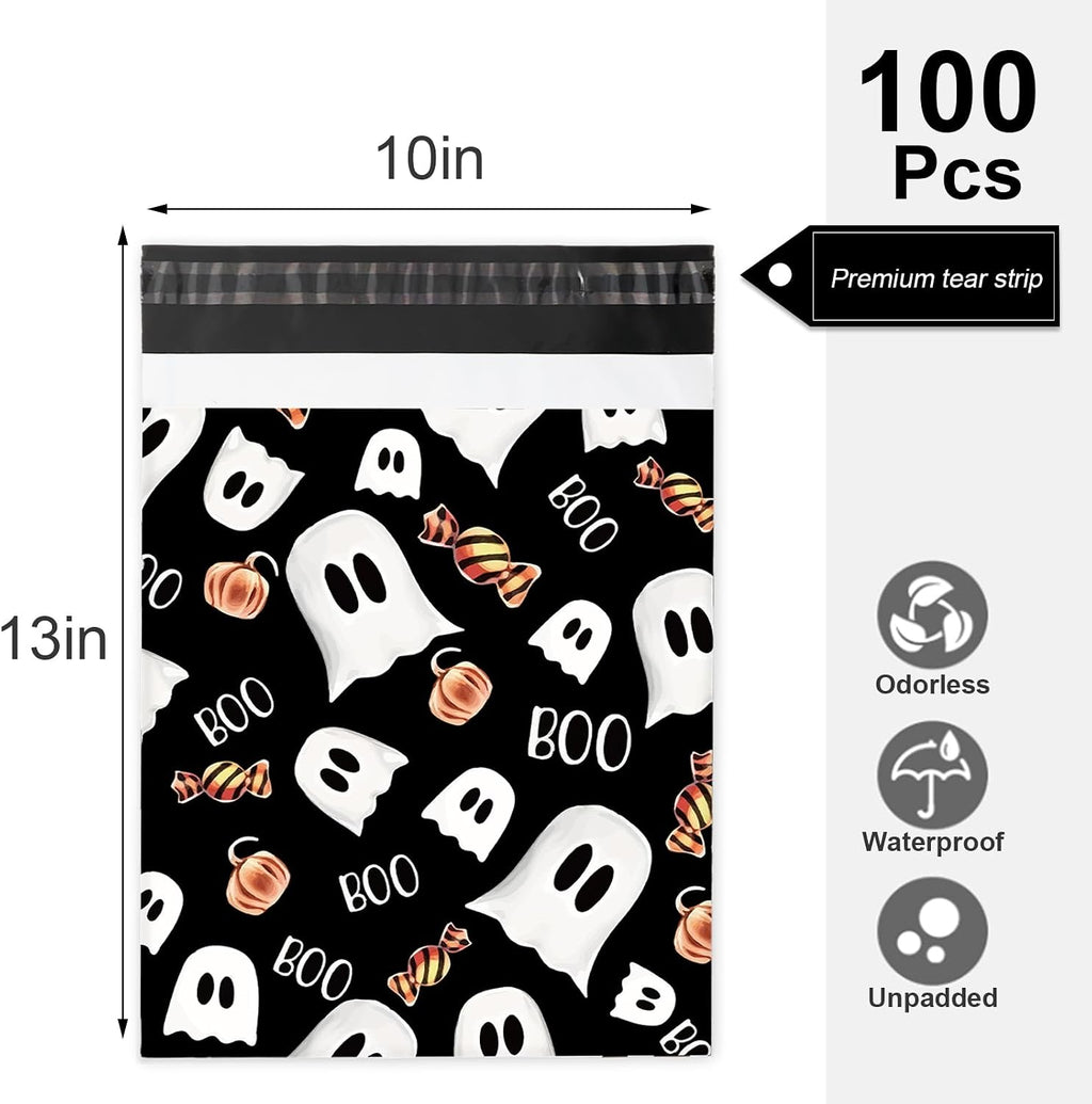 100 Pcs Halloween Poly Mailer 10 x 13 Inch Black Ghost Pumpkin Candy Mailing Bag Self-Sealing Plastic Packaging