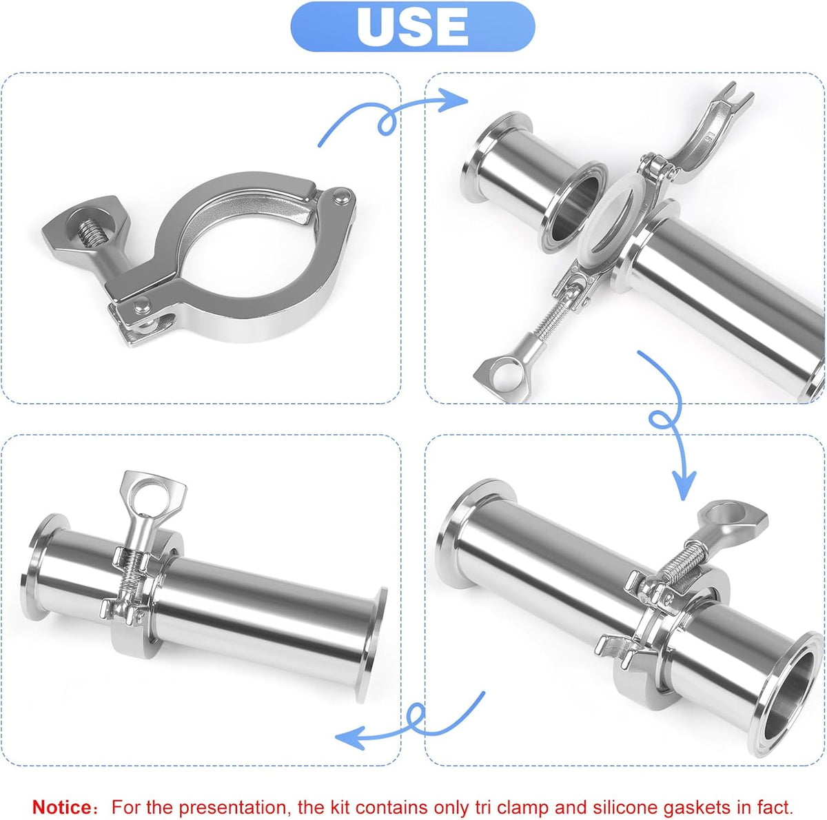 Tri Clamp 1/2 Inch 2PCS Single Pin Heavy Duty with Wing Nut Stainless Steel 304 Sanitary Fitting with Ferrule TC 1/2" Silicone Gaskets