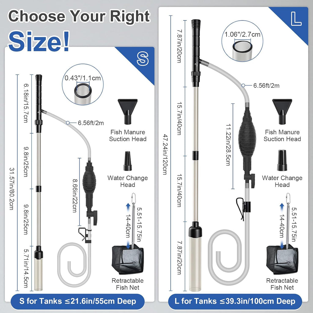 5-in-1 Aquarium Siphon Gravel Vacuum Kit with Fish Net, 3 Heads
