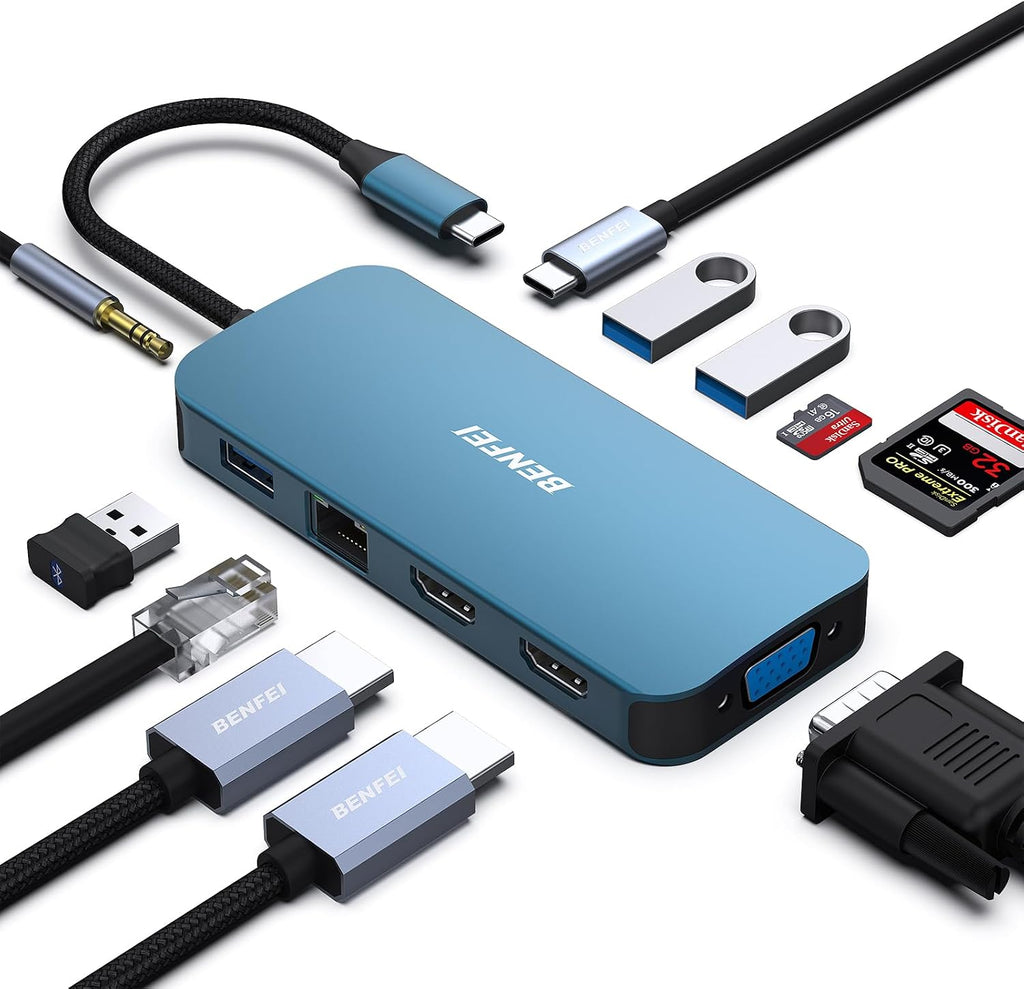 11-in-1 USB C Hub Triple Display Docking Station Dual HDMI, VGA, 3*USB 3.0, 1Gbps Ethernet, 100W Power Delivery