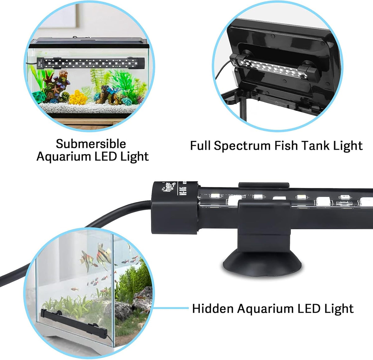 24/7 Mode Submersible Aquarium LED Light, Full Spectrum Hidden Fish Tank Light with 3 Rows Beads 7 Colors Auto On Off
