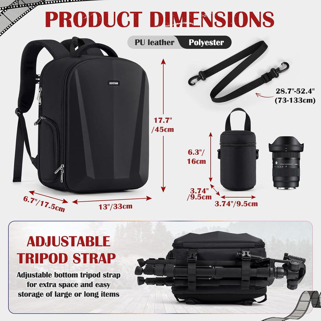 Camera Backpack, Hardshell DSLR/SLR Camera Bag with Lens Pouch & 15.6" Laptop Compartment Waterproof Camera Case with