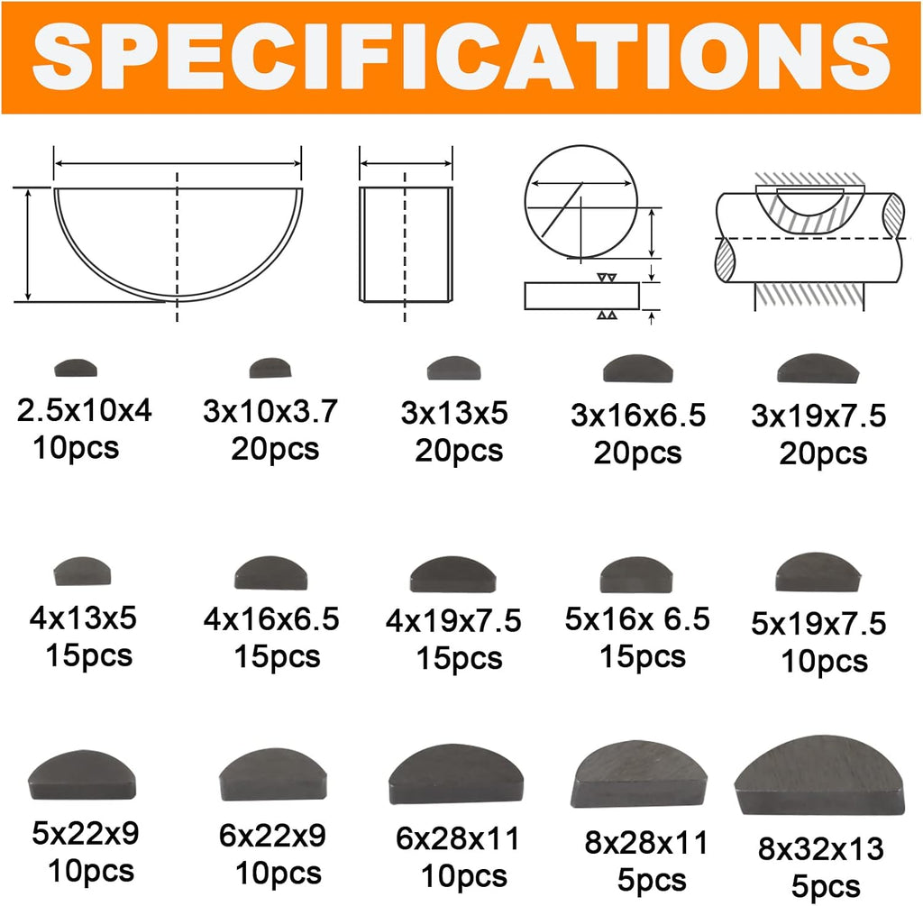 200PCS Metric Stainless Steel 15 Sizes Half Moon Woodruff Key Kit