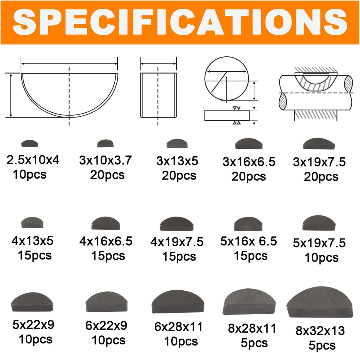 200PCS Metric Stainless Steel 15 Sizes Half Moon Woodruff Key Kit
