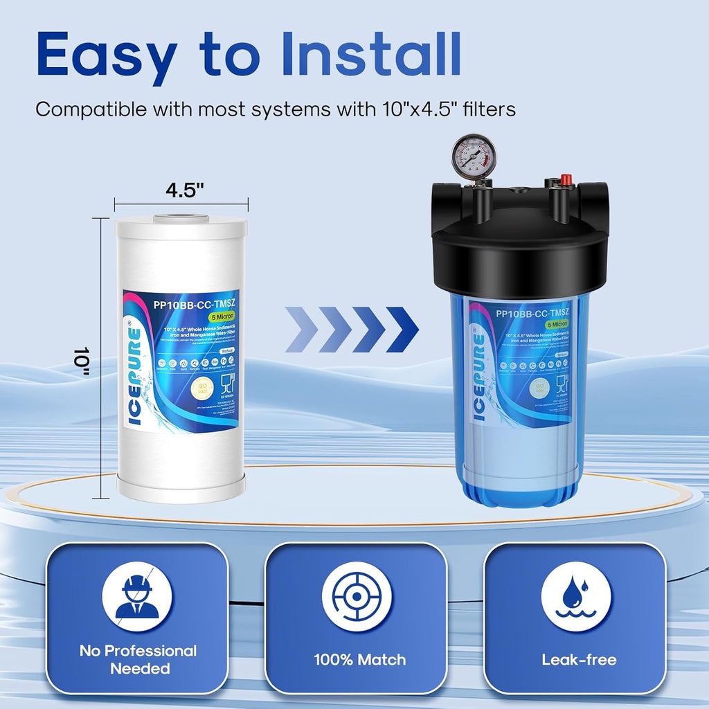 5 Micron 10" x 4.5" Whole House Sediment and Iron Manganese Resin Water Filter Compatible with GE FXHTC, GXWH40L