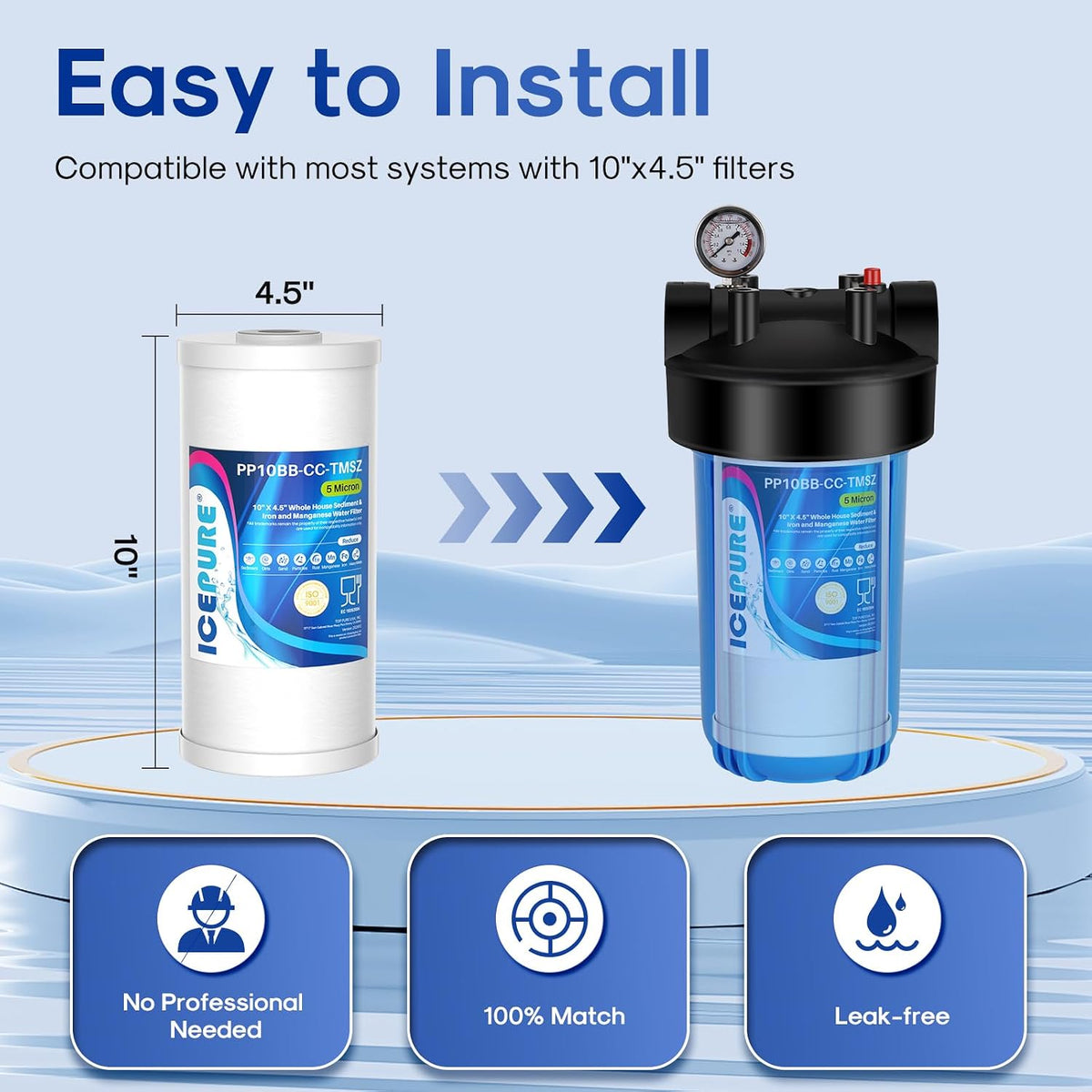 5 Micron 10" x 4.5" Whole House Sediment and Iron Manganese Resin Water Filter Compatible with GE FXHTC, GXWH40L