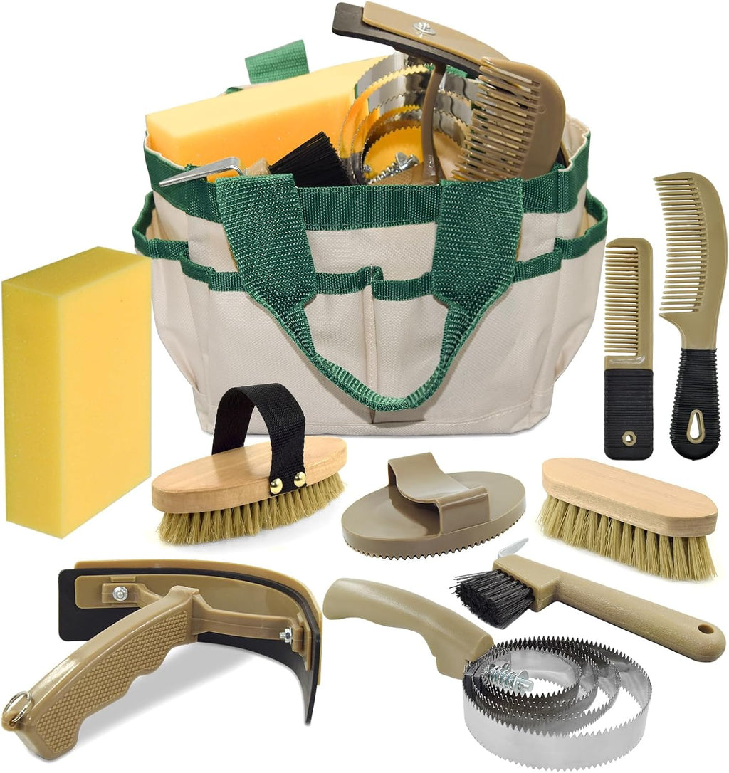 Professional 10 Pieces Horse Grooming Kit with Tote Bag, Horse Brush & Curry Comb Set for Effective Grooming and