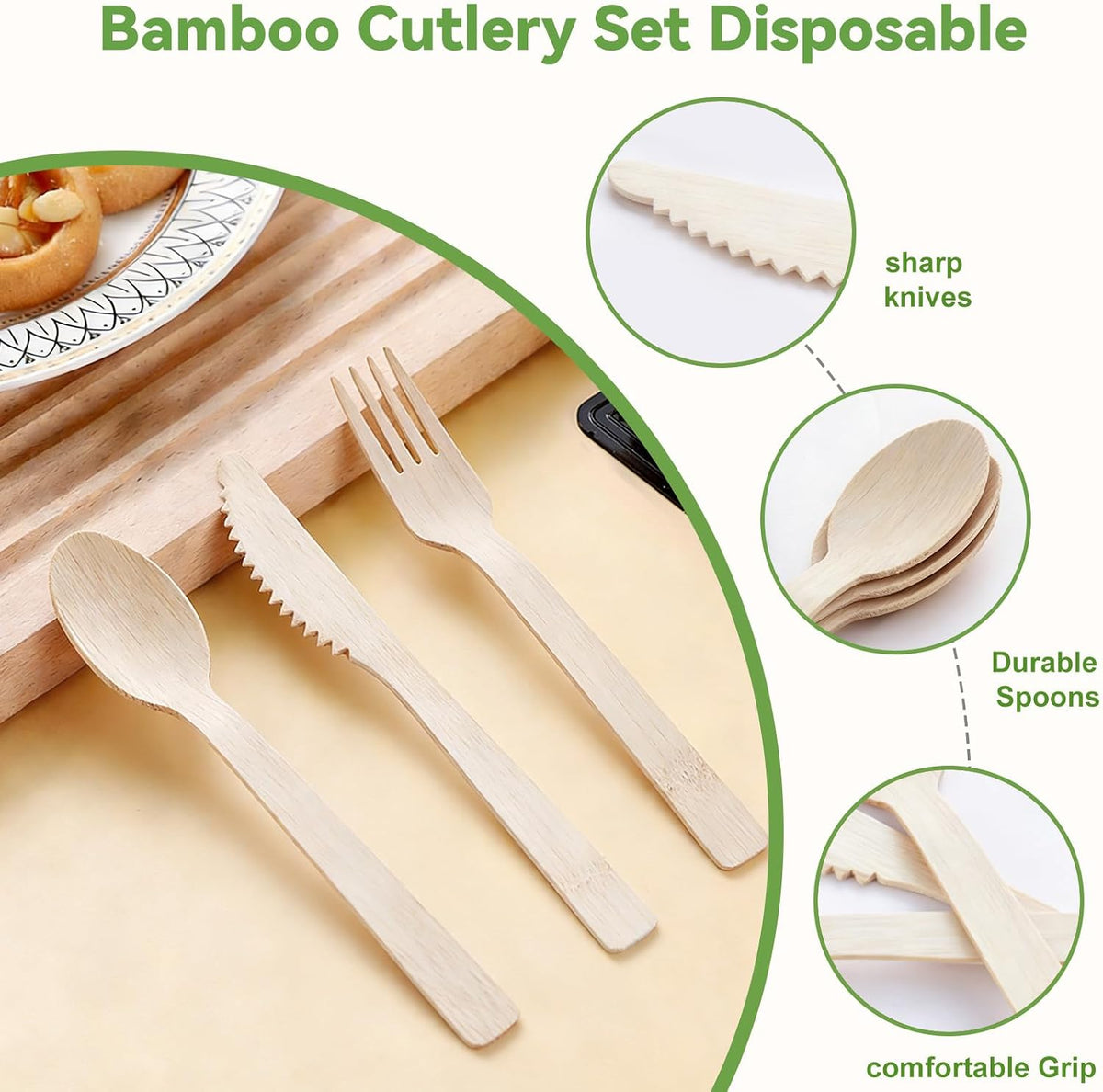 100% Bamboo Cutlery 120 Pack Set Disposable Compostable Utensils