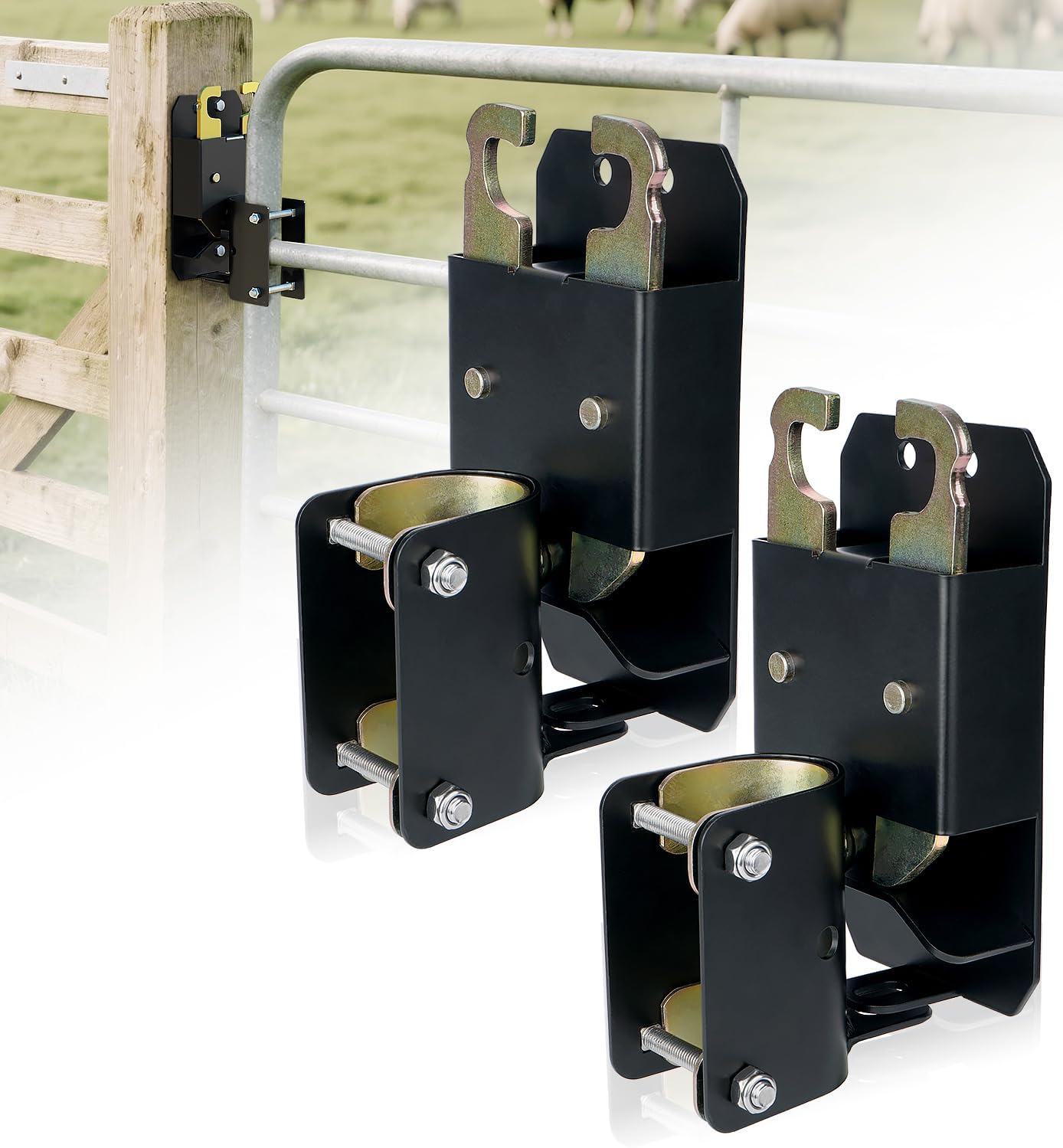 2 Way Farm Gate Latch, 2PC Heavy-Duty Fence Gate Latch with Self-Locking Nut, Black Livestock Gate Latch Compatible