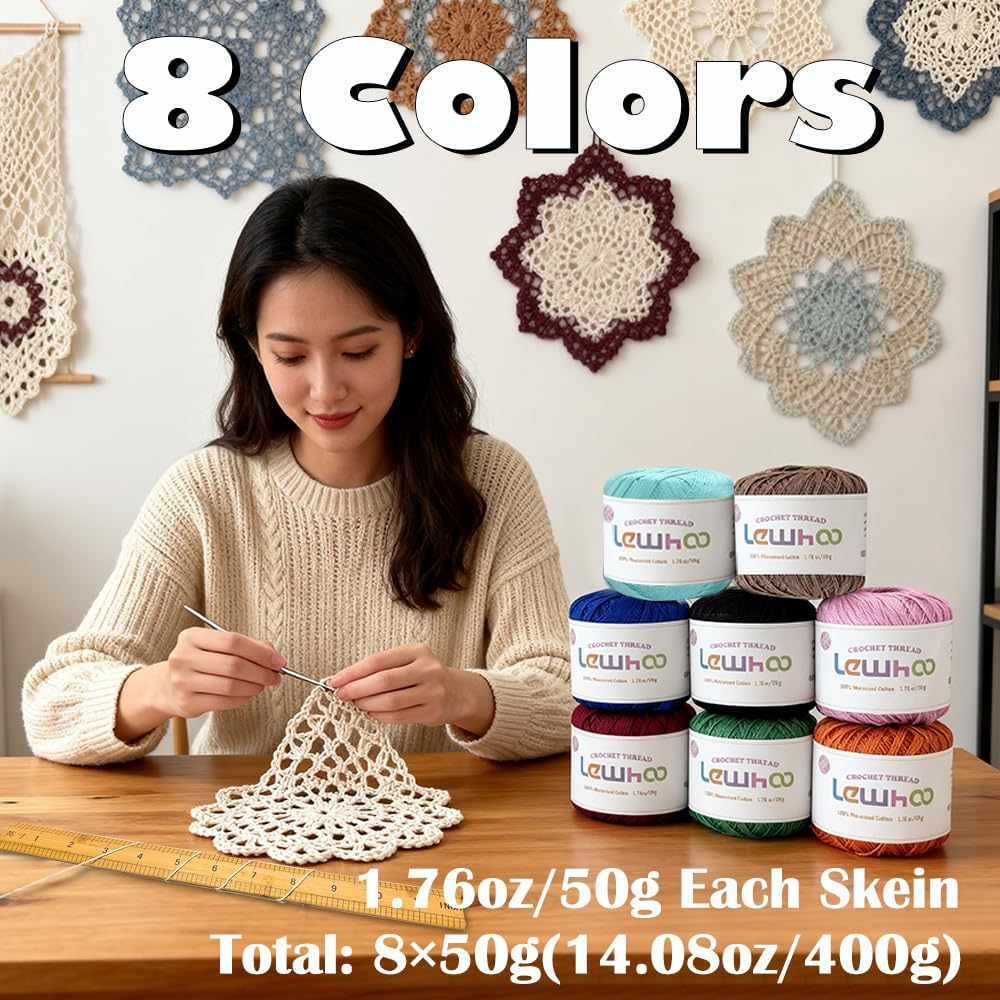 Crochet Thread, Size 10 Mercerized Cotton Lace Yarn Set | 8 Pearl 50g Balls Yarn for Hand Knitting