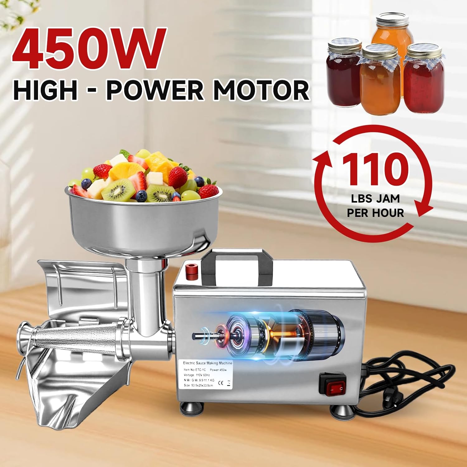 450W Stainless Steel Electric Jam Maker, Commercial Tomato Milling Machine Food Strainer Sauce Squeezer for Soft