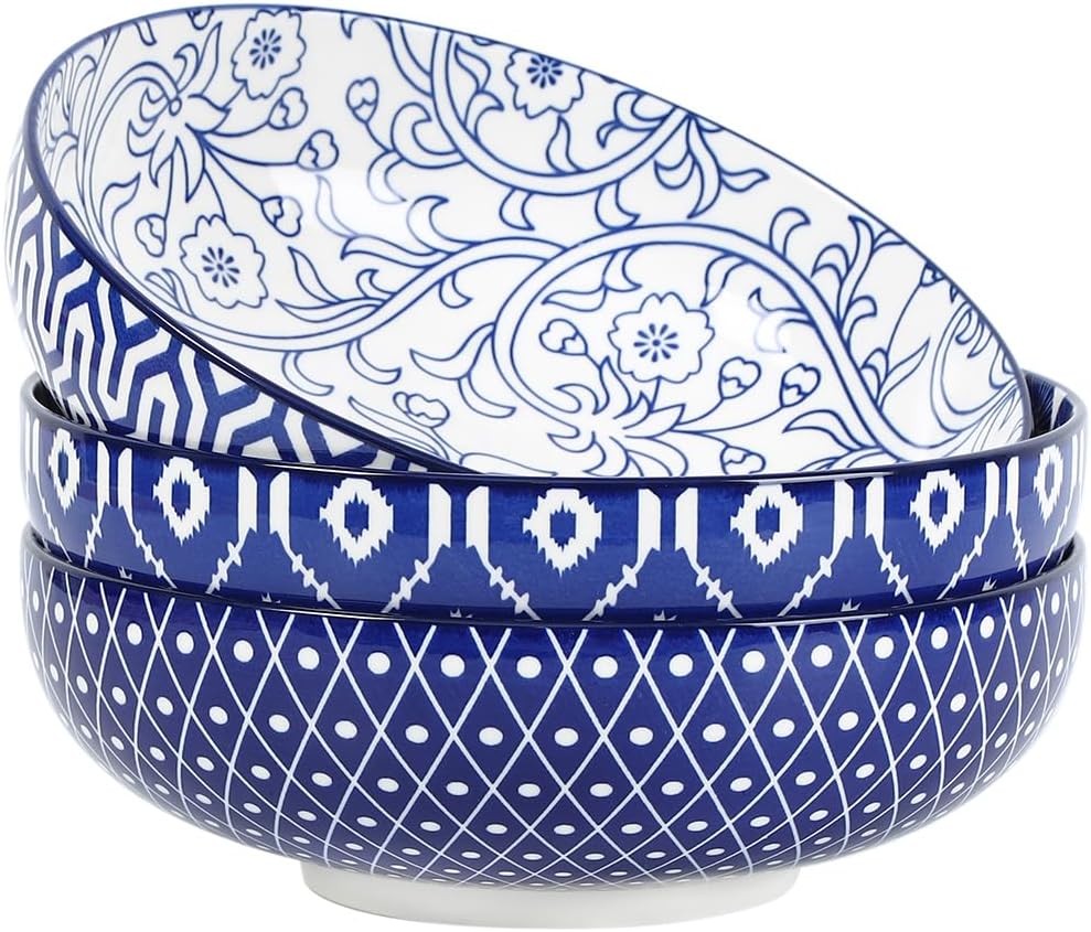 60 OZ Ceramic Serving Bowls, Set of 3, Vintage Blue
