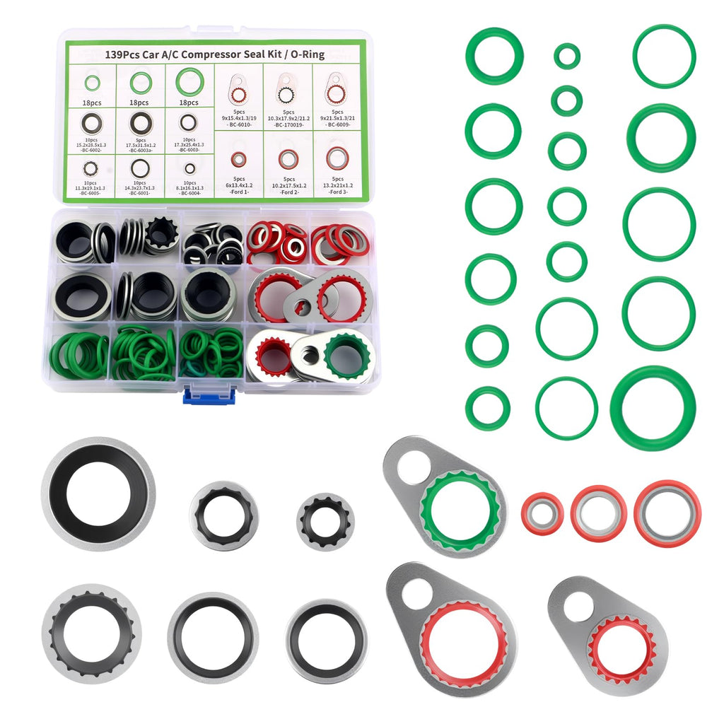 139PCS O Ring Assortment Kit,Multi-Size AC O Ring Kit Replacement Includes 85PCS AC Washers & 54PCS Rubber Gaskets,Universal ACS Seal Kits Car Accessories for ACS Systems