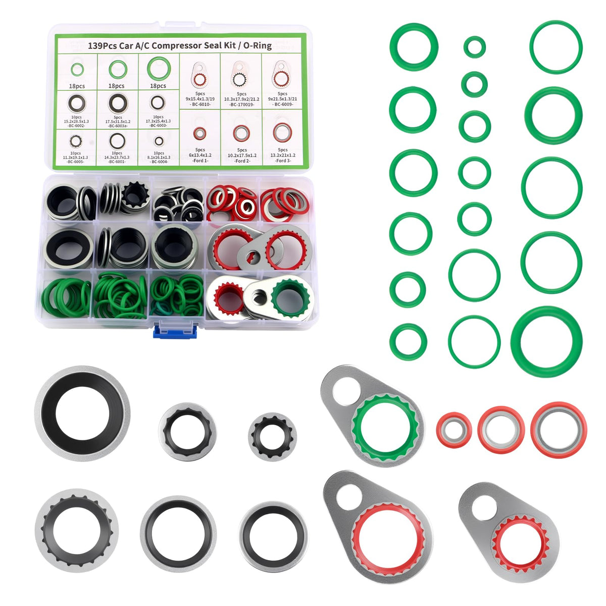 139PCS O Ring Assortment Kit,Multi-Size AC O Ring Kit Replacement Includes 85PCS AC Washers & 54PCS Rubber Gaskets,Universal ACS Seal Kits Car Accessories for ACS Systems