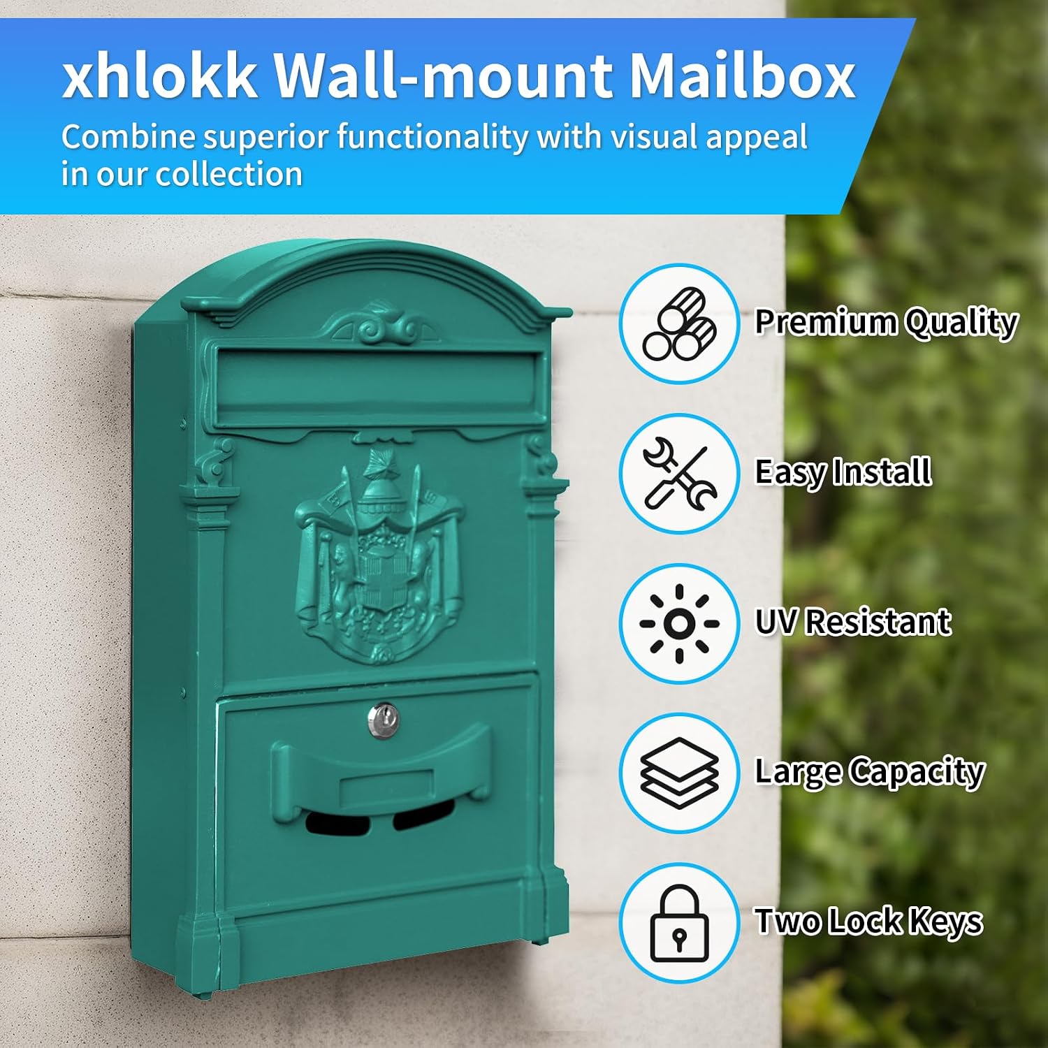 Wall-Mount Mailbox, Vintage Rust Resistant House Mailbox, Galvanized Steel Drop Mailboxes for Outside, Metal Post