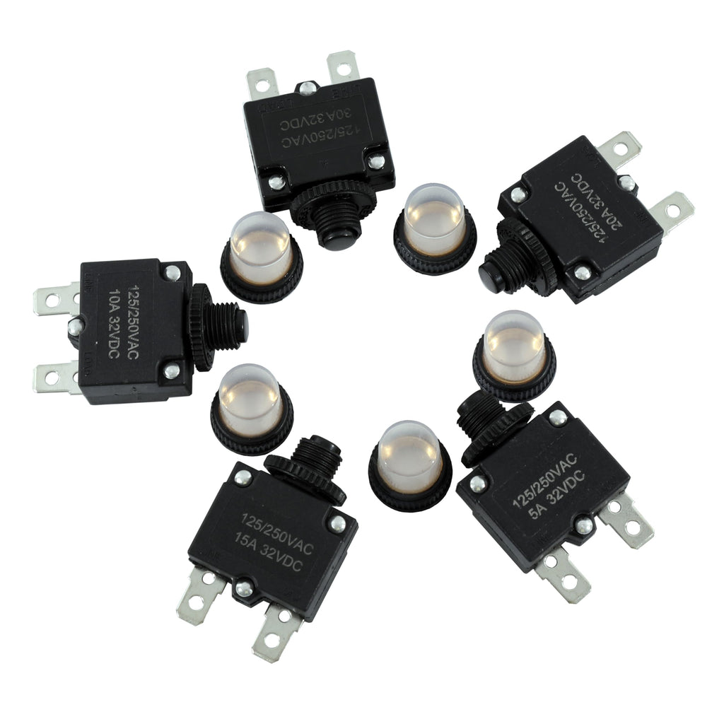 Tiwerlfe 5pcs Push Button Reset 5A 10A 15A 20A 30A Circuit Breakers with Automatic Reset 32VDC,AC125-250V with Quick Connect Terminals