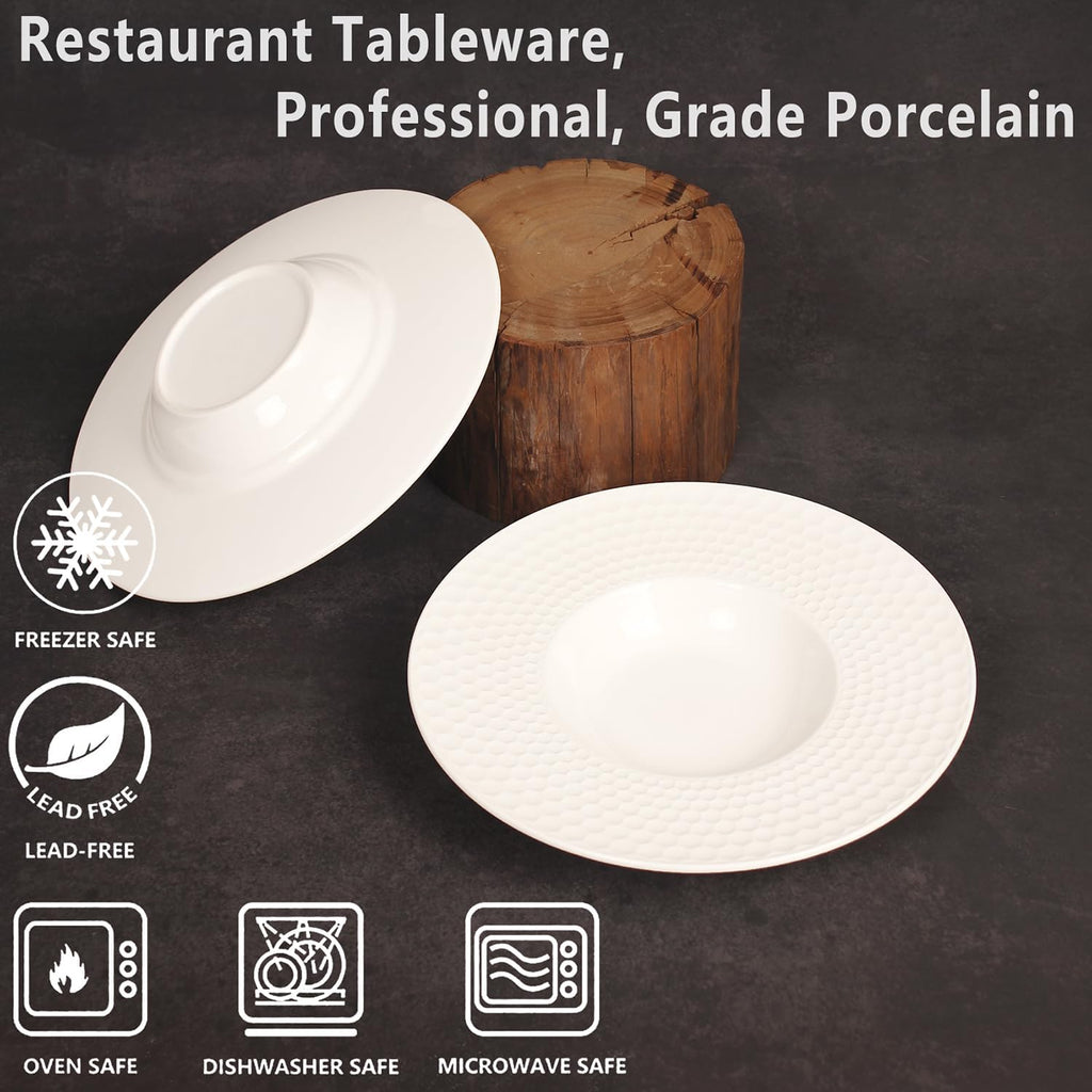 Creative home decor ceramic wide-rimmed soup bowls/plates, 5.3 oz pasta bowl set of 4, white embossed bowls and