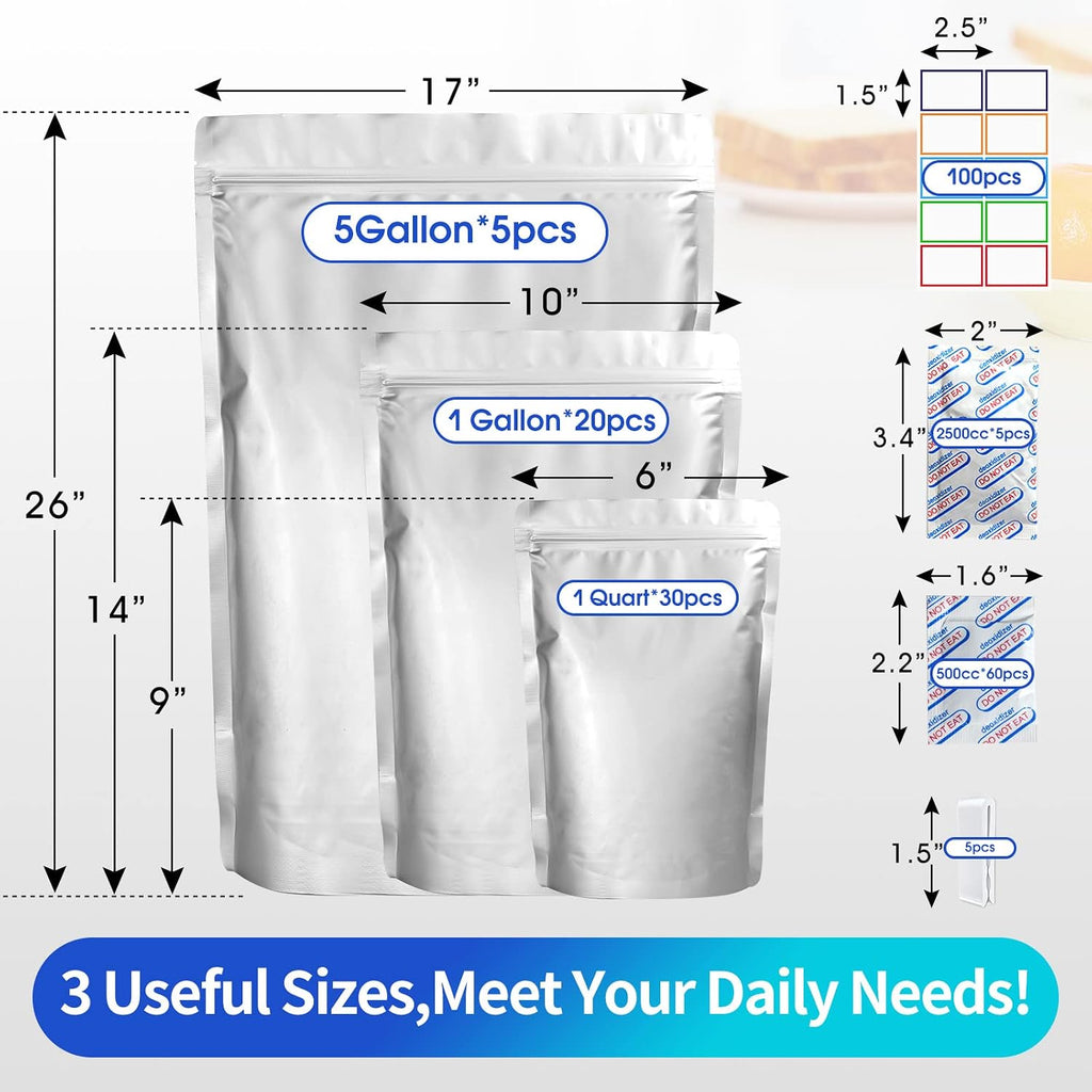 15 Mil 5 Gallon Mylar Bags for Food Storage with 2500cc Oxygen Absorbers - 55 Pack Mylar Bags Include 5 Gallon, 1
