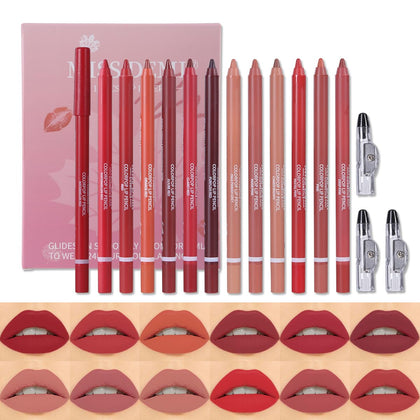 12 Colours Sculpting Matte Velvet Lip Liner Set, Creamy Velvet Pigmented Lip Liner, Matte Set Makeup Soft Pencils for