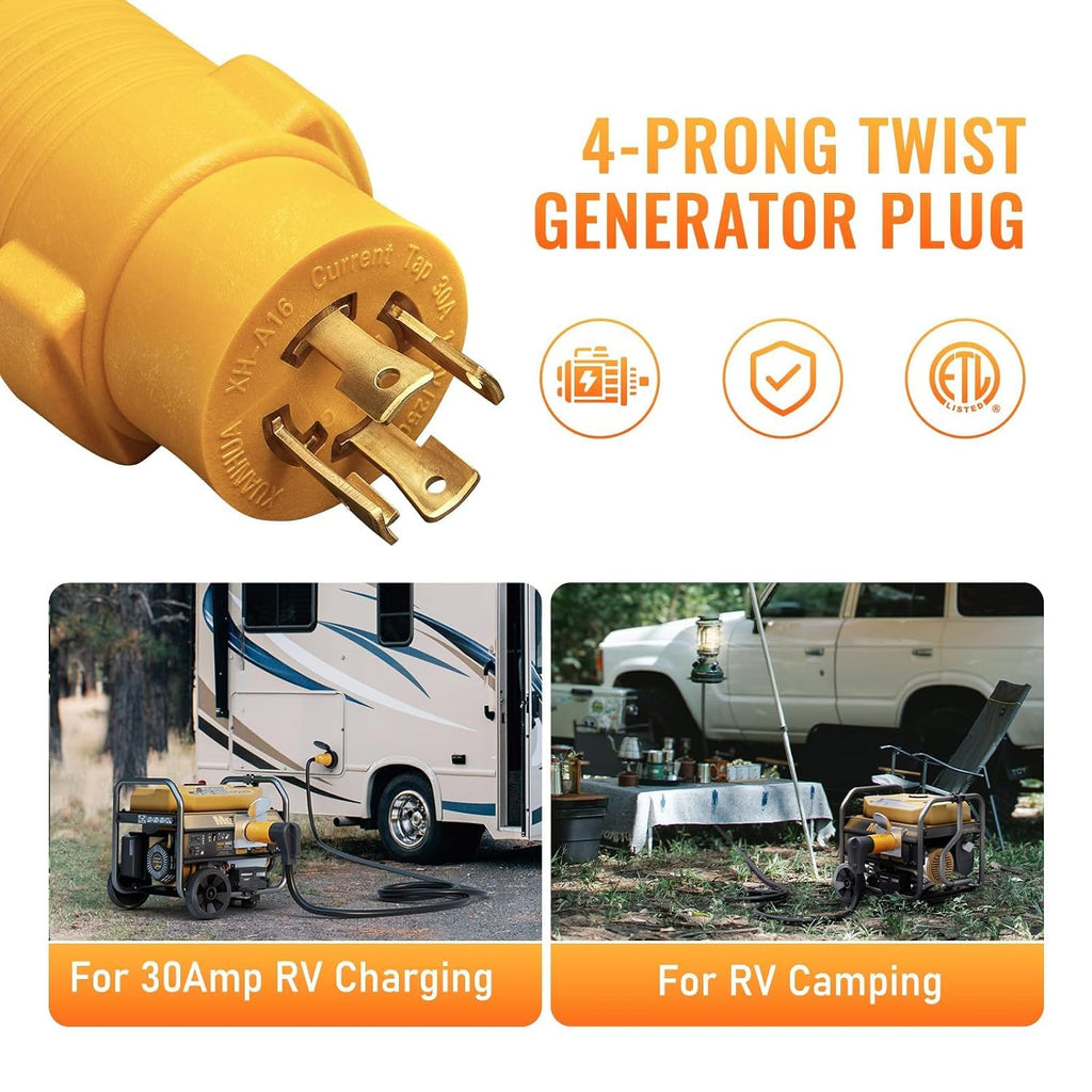 NEMA L14-30P to TT-30R 30 Amp RV Generator Adapter, 4 Prong Locking 120/240V L14-30P Generator Plug to TT-30R 30A RV