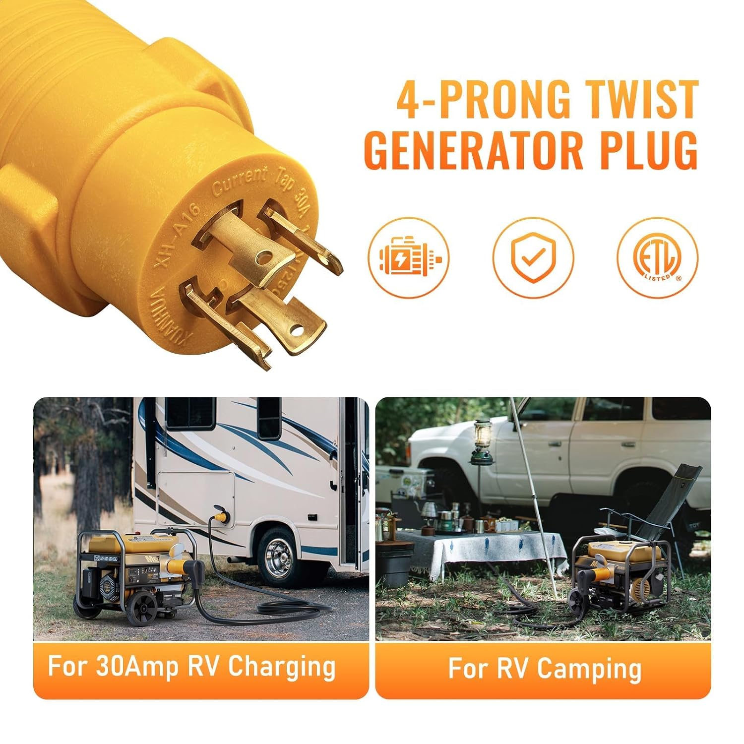 NEMA L14-30P to TT-30R 30 Amp RV Generator Adapter, 4 Prong Locking 120/240V L14-30P Generator Plug to TT-30R 30A RV