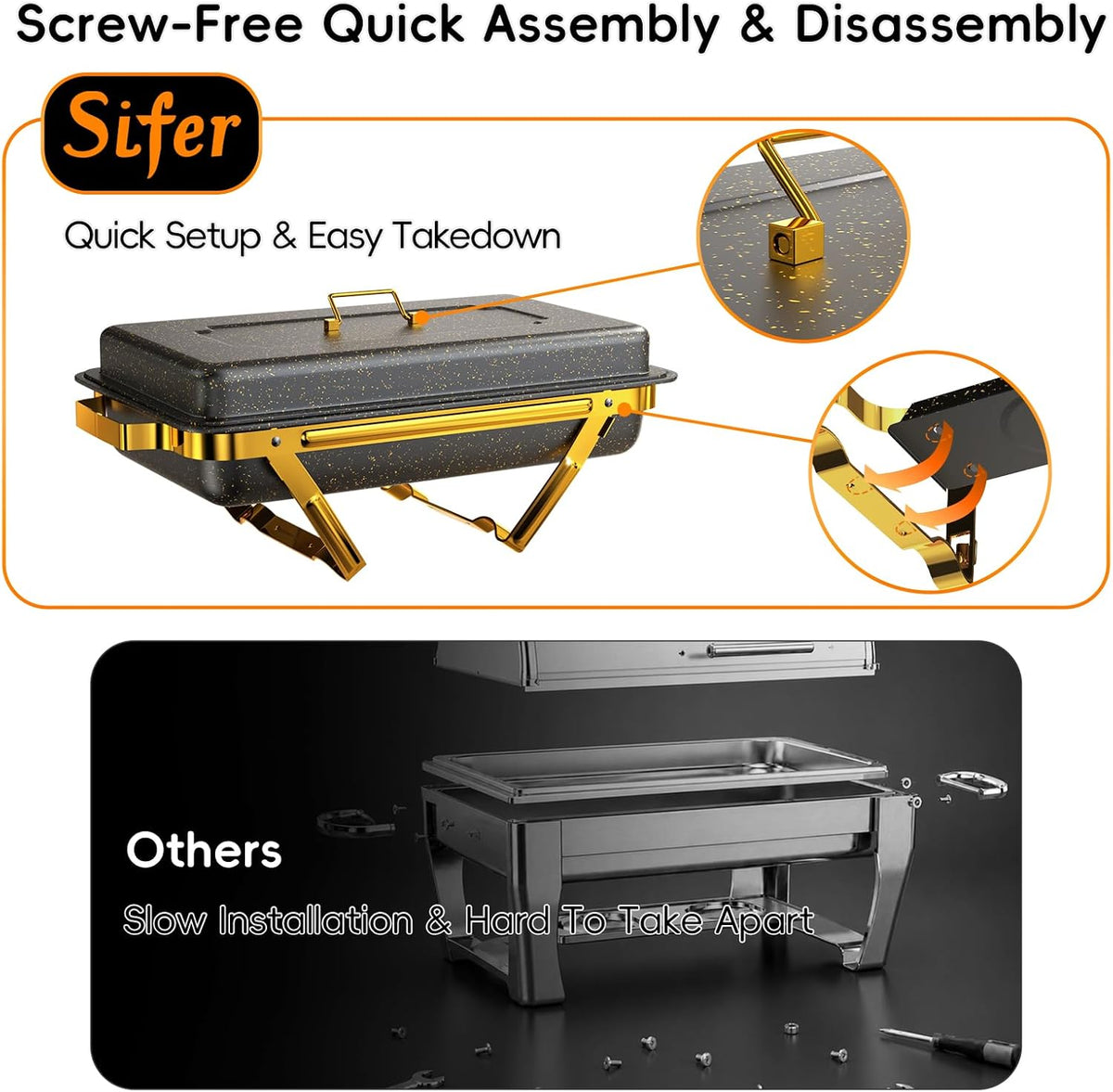 11Qt Chafing Dishes for Buffet, No Any Screws, 4 Pack, Black & Gold