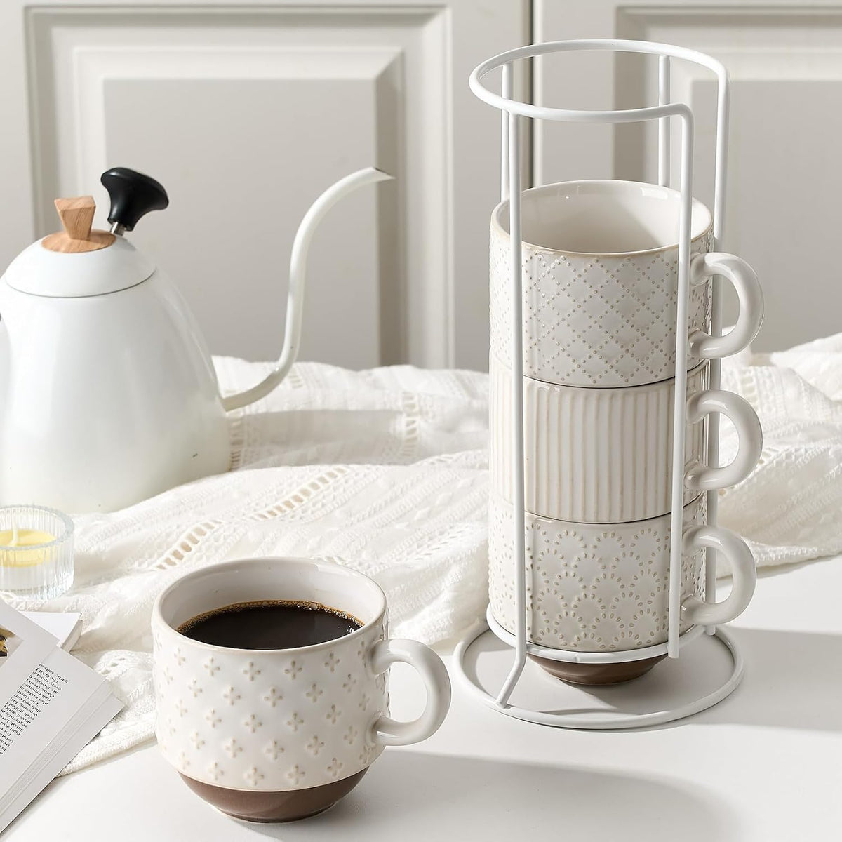 Large Ceramic Coffee Mug Set of 4 with Stand, 15 Oz Stackable Different Embossment Ribbed Latte Cup Set for