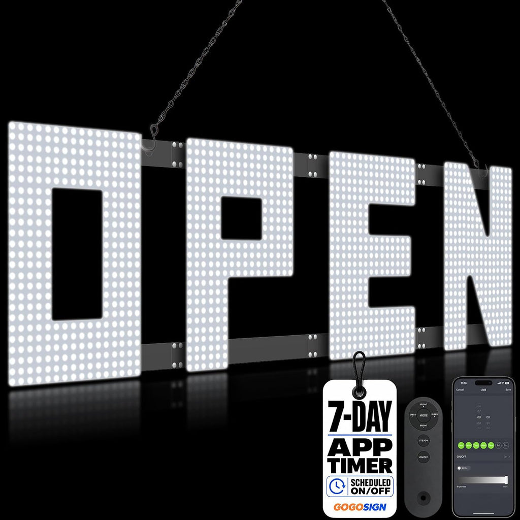 LED Open Sign for Business, Large Bright White, 42 x 12 in, Remote Control