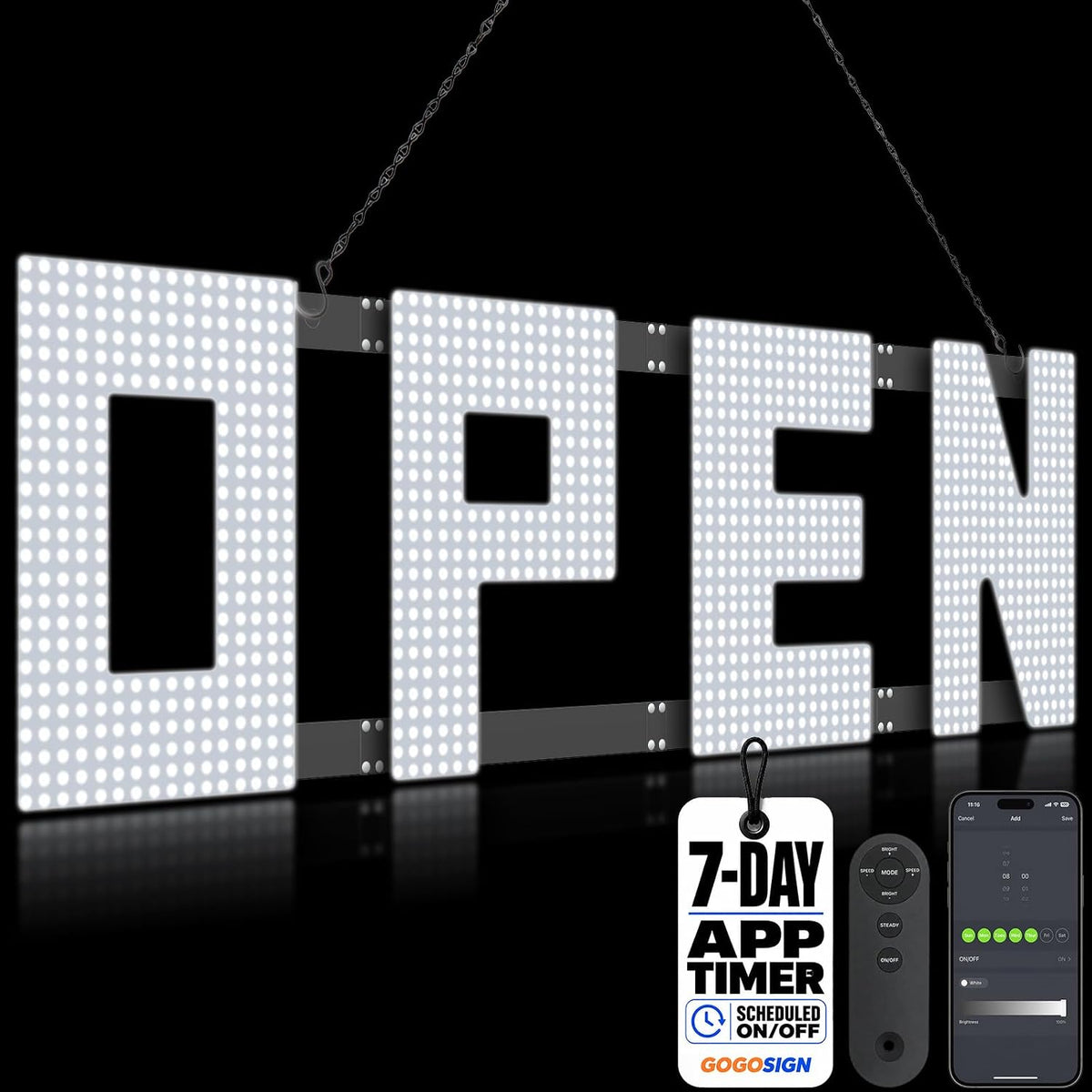 LED Open Sign for Business, Large Bright White, 42 x 12 in, Remote Control