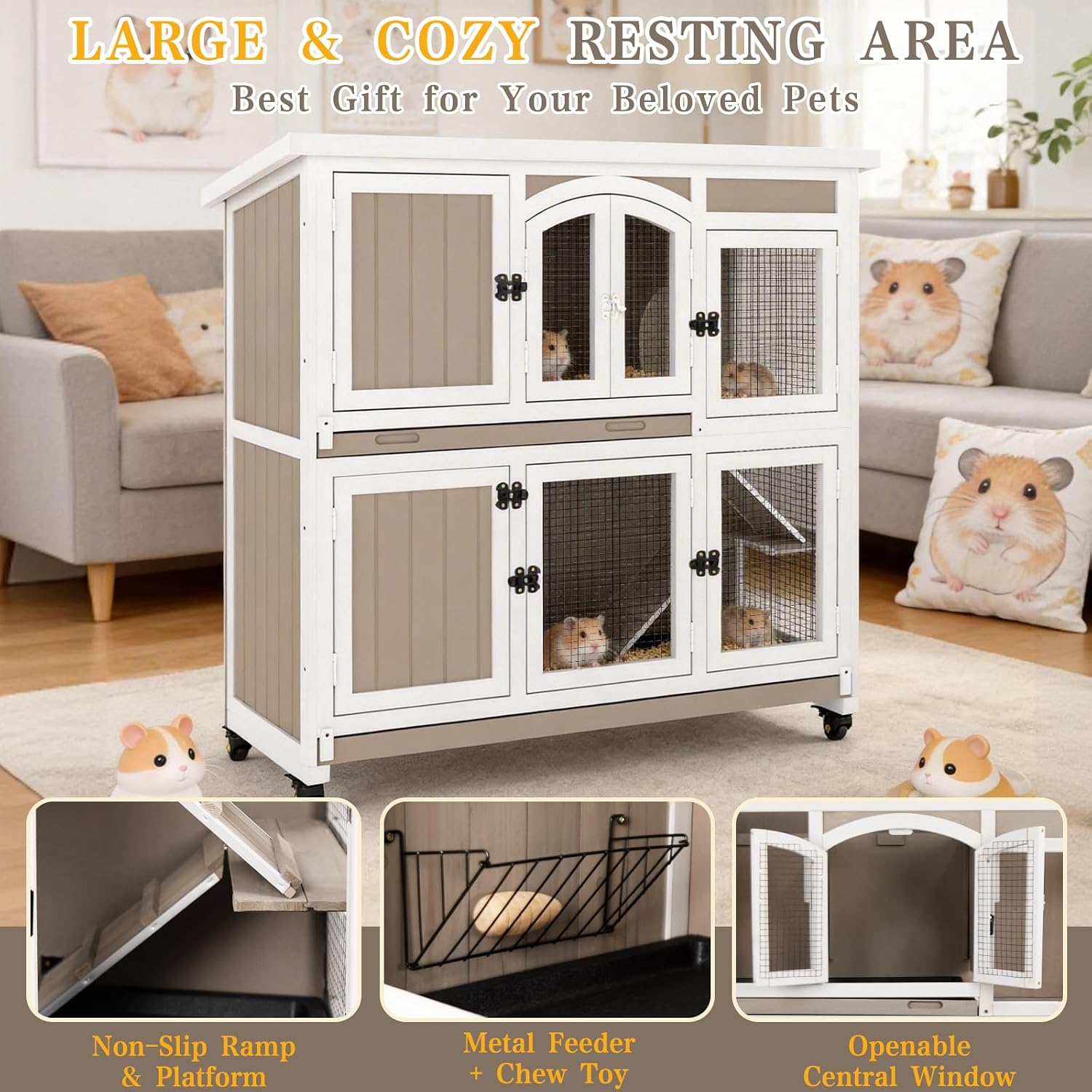47" L Large Guinea Pig Cage with Wheels, Chew-Resistant Ramps | 2 Deep Pull-Out Trays, Hideout and 2-Story Layout for