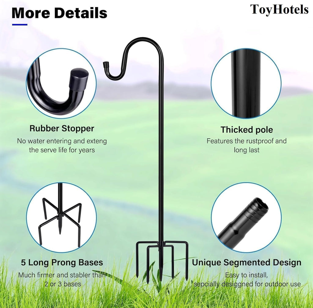 Shepherd Hooks for Outdoor, 1 Pack 62 Inch Bird Feeder Pole with 5 Prongs Base for Hanging Lantern, Hummingbird