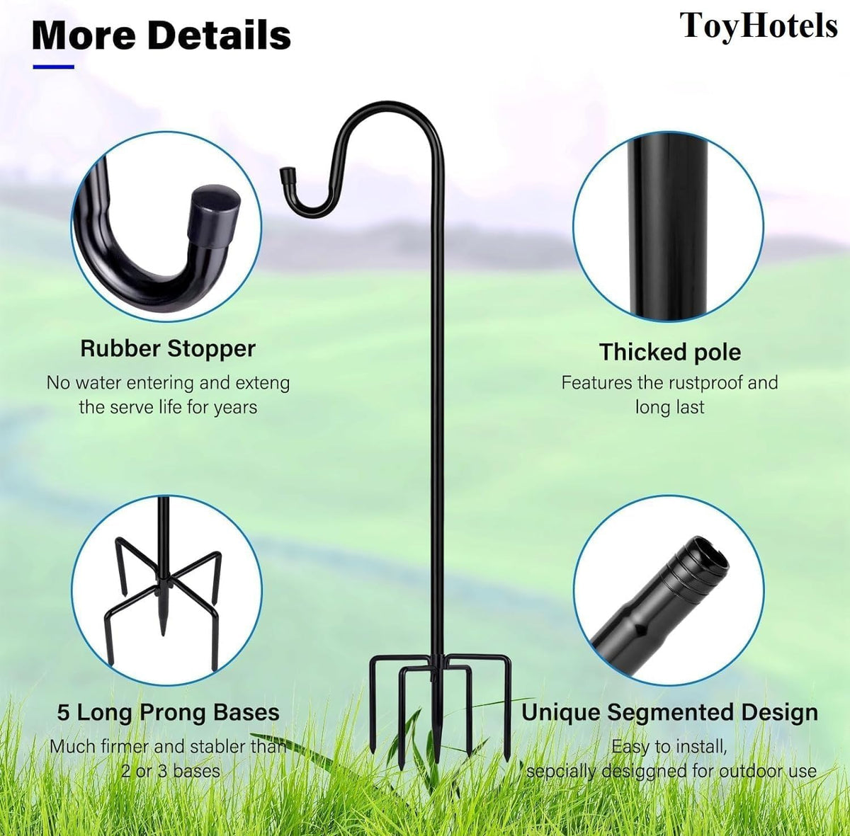 Shepherd Hooks for Outdoor, 1 Pack 62 Inch Bird Feeder Pole with 5 Prongs Base for Hanging Lantern, Hummingbird